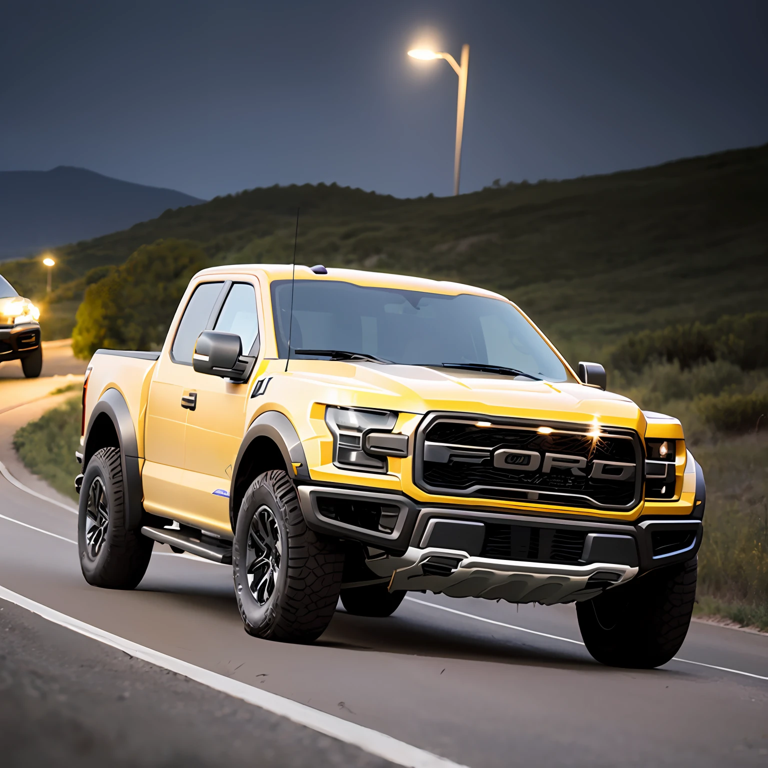 A Ford Raptor F150 car was driving on the road at night with its front fence lights flashing yellow LEDs. --auto