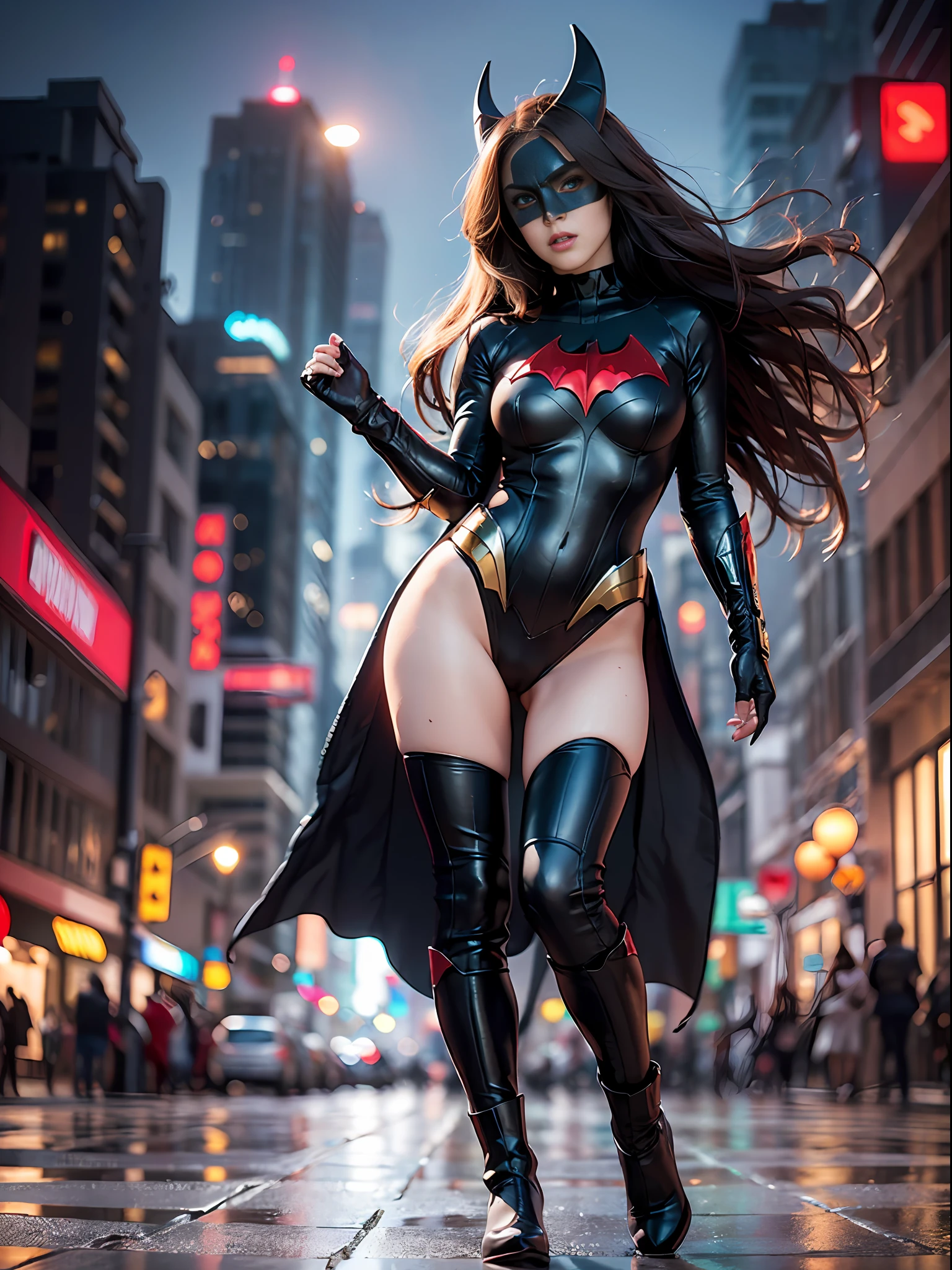 Ultra fine photography,, Best quality, Ultra HD, Natural light, Full body portrait, (Amazingly beautiful young Nikkei beauty),(Dark chestnut hair with semi-long hair that sits in the wind), Dynamic pose, Beautiful egg-shaped face, Bright big eyes, Front view, ((Batwoman high cut, high leg, bikini costume))),(( No head cap, mask)),Urban street at night, Detailed face,(((Big)) ,High detail skin, realistic skin details, visible pores, sharp focus, 8K UHD, digital, high quality, fair skin, view from below,