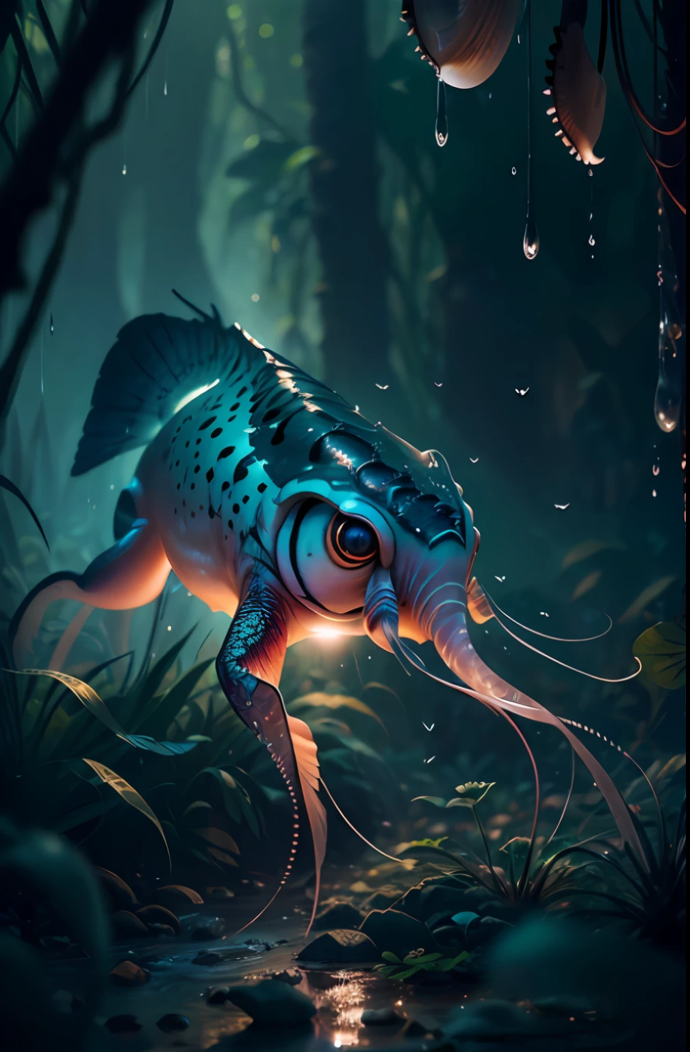 Big like six legs creature whith transparent and lighting body, walking on all six legs, (((cuttlefish head))), ((four eyes)), six leghs, in the jungle, jungle, rain forest, high image quality, realistic look, high-resolution photography, 8K, full-frame matrix, deep shadows, ((one character)), (intricate details, subsurface scattering, hyperdetailed:1.15), (hyperrealism, volumetric lighting, sharp:1.5) Fujifilm XT3