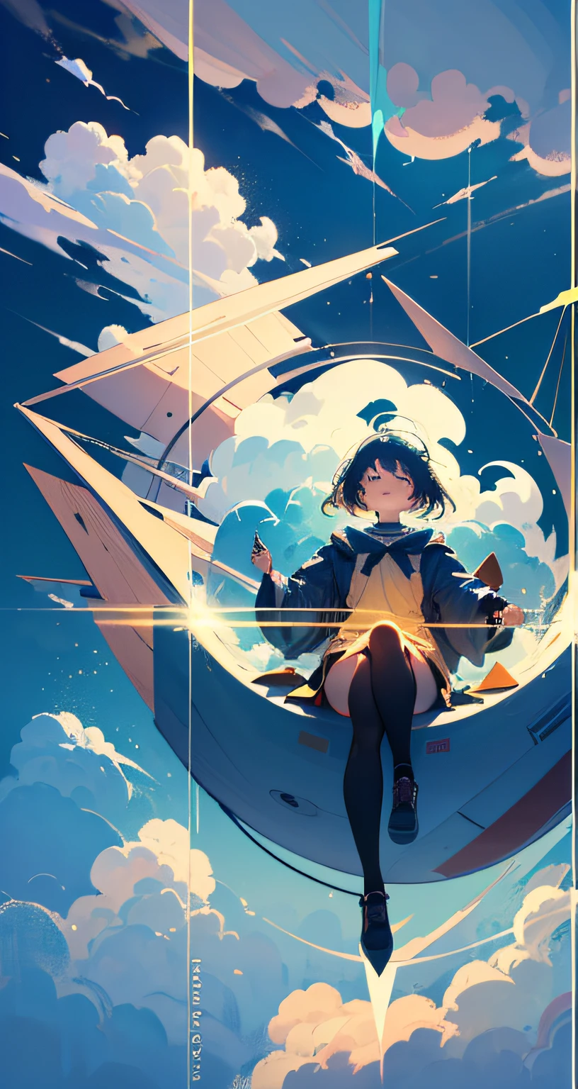 masterpiece, best quality, movie still, 1girl, floating in the sky, cloud girl, cloud, (close-up:1.1), bright, happy, fun, soft lighting, (Bauhaus, shapes, lines, abstract:1.1)