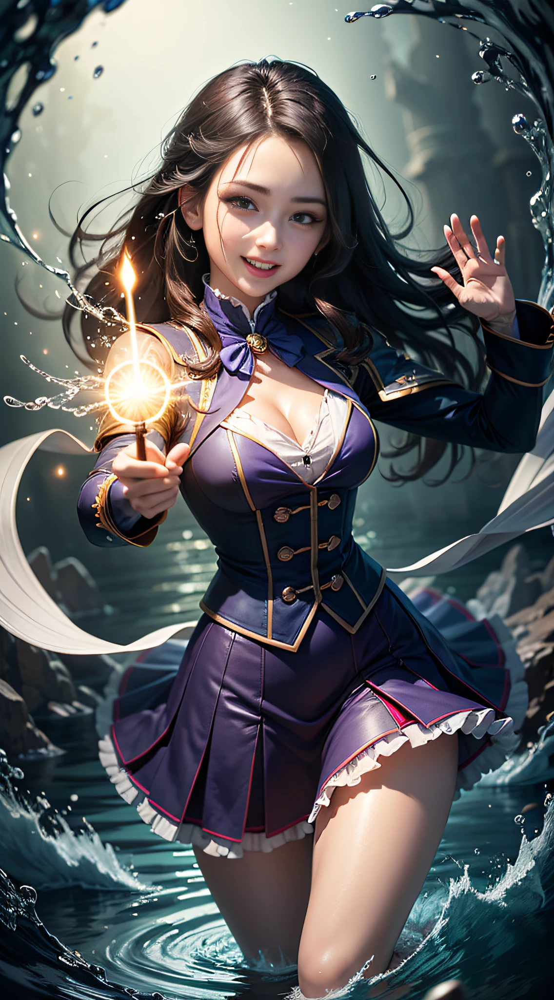 Anime style, beautiful magician, delicate face, glowing eyes, excited and happy expression, beautiful figure, super fine hand detail description, wearing colorful magician skirt, waving skirt, holding wand, ready to cast her powerful water magic spell, surrounded by plenty of water flow, surging water, magical magic background, ultra-clear painting quality, ultra-high resolution, OC rendering, complex and vivid, super noise reduction,