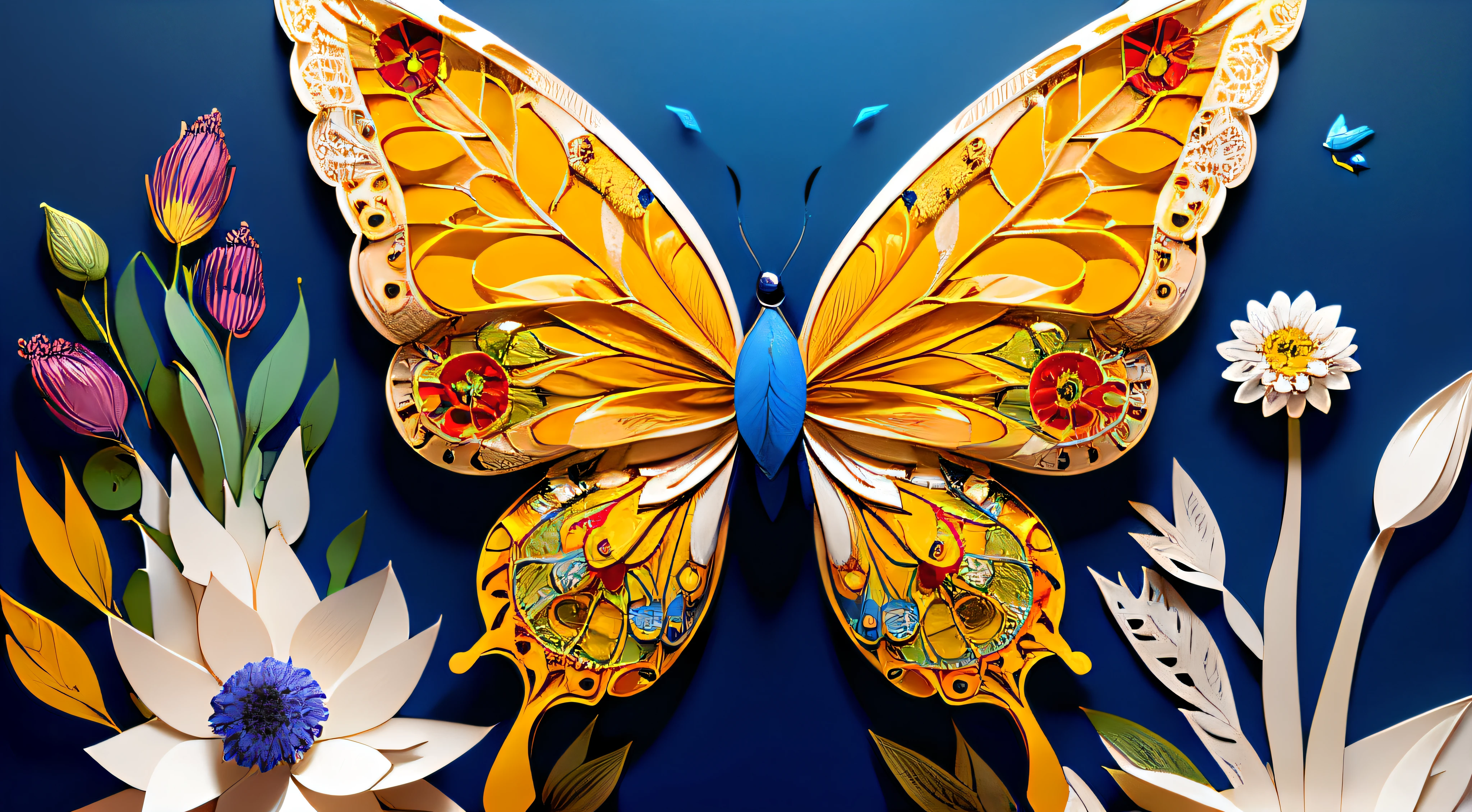 realistic, (best quality, masterpiece:1.3),illustration,big butterfly in the center , floating in dalias, cloudy sky, paper_cut, pattern