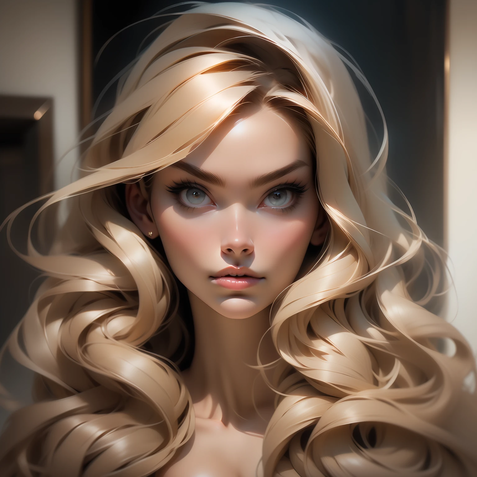 A powerful portrait of a woman with a mysterious and seductive allure. The artwork captures her gaze and expression, drawing viewers into her world. The meticulous attention to detail and intricate artwork masterpiece create a sense of fascination and intrigue. (Inspired by: "25-year-old European girl, raw, beautiful woman, brown hair with extra-long wavy, detailed face, detailed facial features, pale skin, high detail and deep cleavage