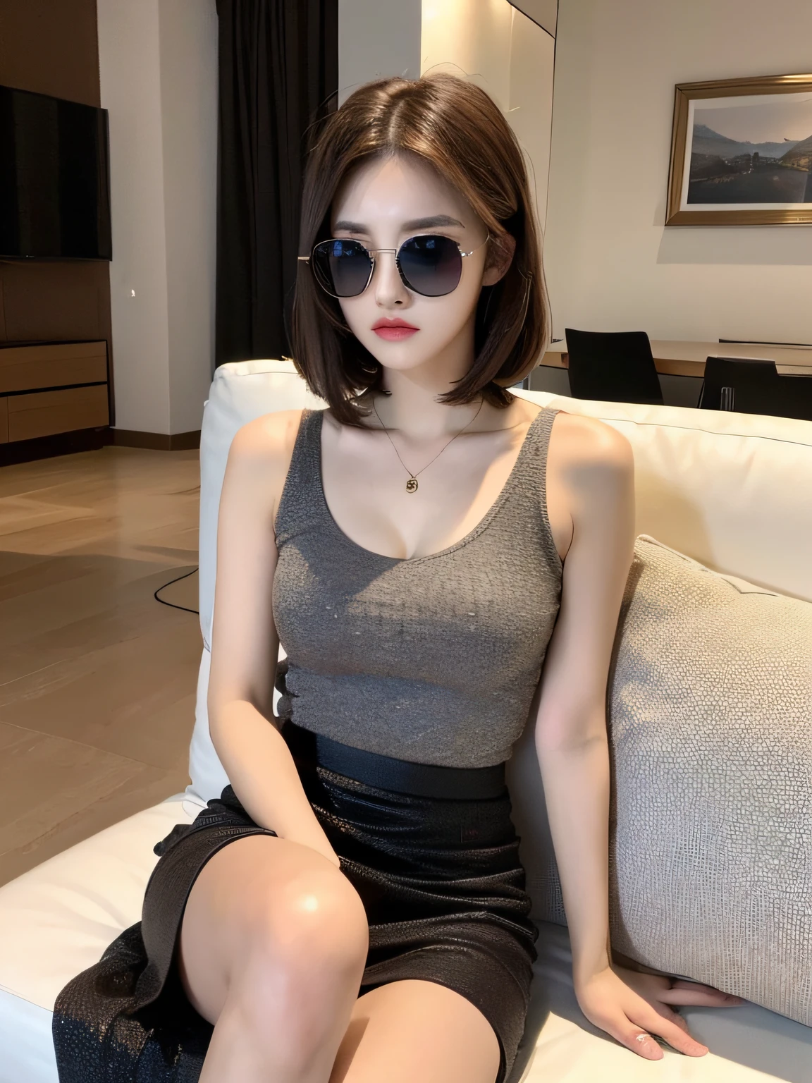 ((Best Quality, 8K, Masterpiece: 1.3)), 1 girl, full body, slim face, beautiful woman, (short dark brown hair), long skirt 1:1, ultra-detailed face, detailed eyes, evening, head down, sunglasses sitting on sofa in living room, dark light, blurred background, slim face,