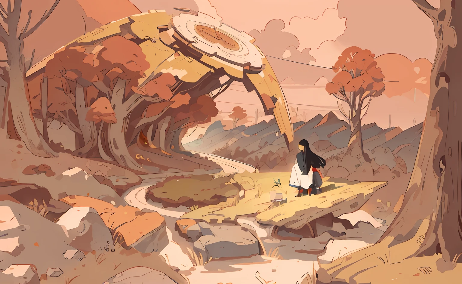 (Masterpiece, Best Quality, Ultra Detailed, High Resolution, Best Illustration) There is a girl sitting on a maple leaf looking down at a large woods, anime landscape, anime landscape concept art, random background scenes, anime background art, very coherent stylized artwork, dreamy psychedelic feeling, background art, surreal dream landscape, anime background, concept art scene, anime scene, nice looking composition, Loepfe art style, huge landscape