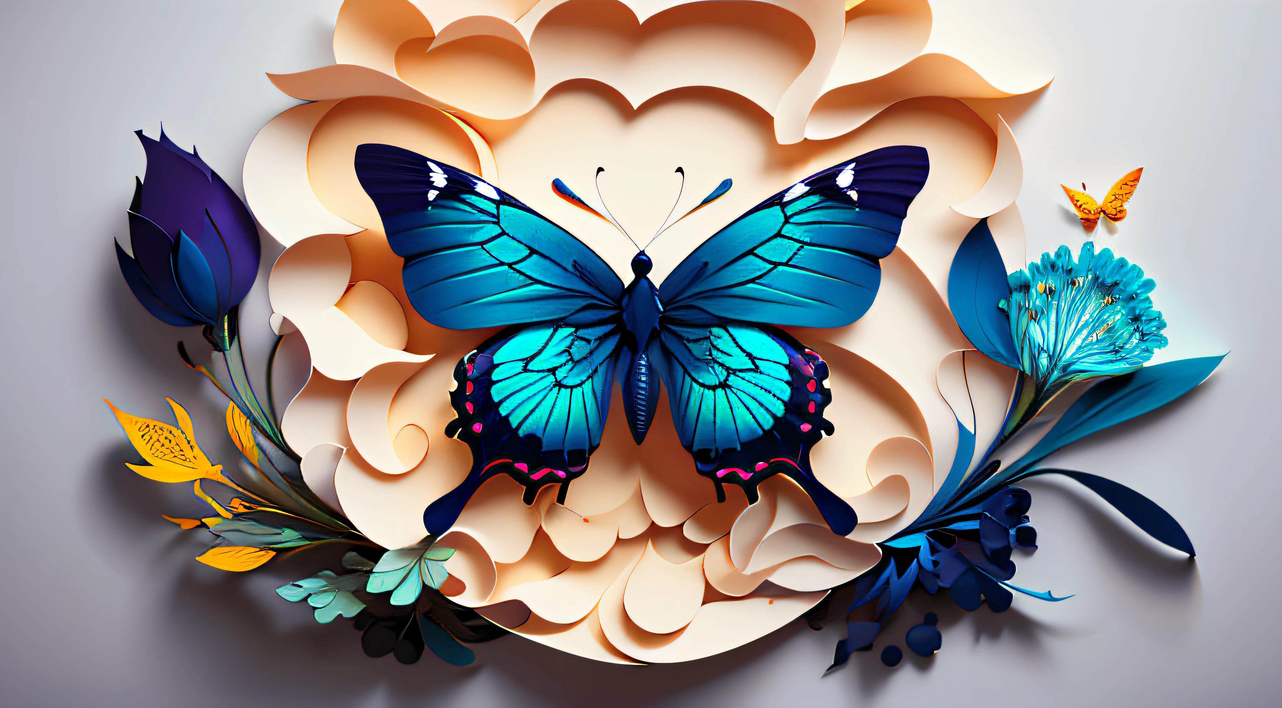 realistic, (best quality, masterpiece:1.3),illustration,big butterfly in the center , floating in dalias, cloudy sky, paper_cut, pattern