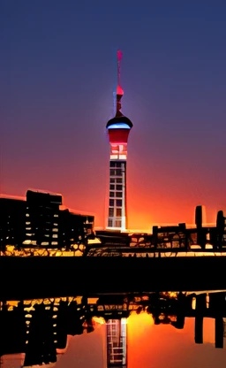 arafed view of a water tower with a reflection in the water, japan tokyo skytree, reflection, from the distance, [32k hd]^10, けもの, at dusk!, tokio, tokyo futuristic and clean, in tokio, beautiful view, sun rise, shot from afar, taken at golden hour, morning shot