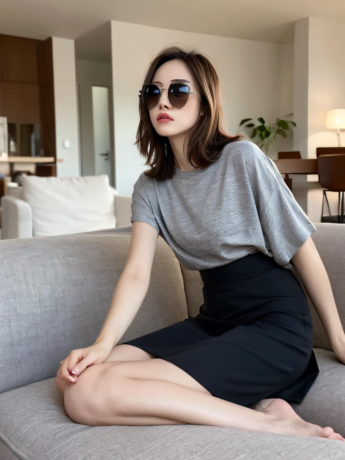 ((Best Quality, 8K, Masterpiece: 1.3)), 1 girl, full body, slim face, beautiful woman, (short dark brown hair), long skirt 1:1, ultra-detailed face, detailed eyes, evening, head down, sunglasses sitting on sofa in living room, dark light, blurred background, slim face,