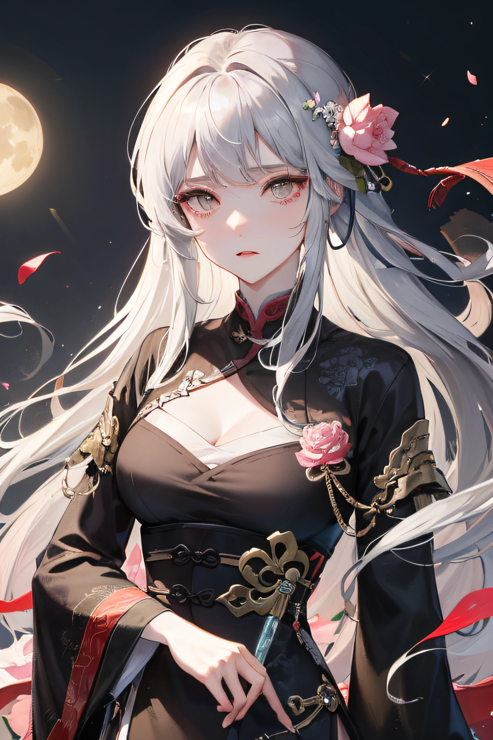 Masterpiece, Best, Night, Full Moon, 1 Female, Mature Woman, Chinese Style, Ancient China, Elder Sister, Royal Sister, Cold Face, Expressionless, Silver White Long Haired Woman, Pale Pink Lips, Calm, Intellectual, Three Belts, Gray Hitomi, assassin, dagger, flower ball background, street view