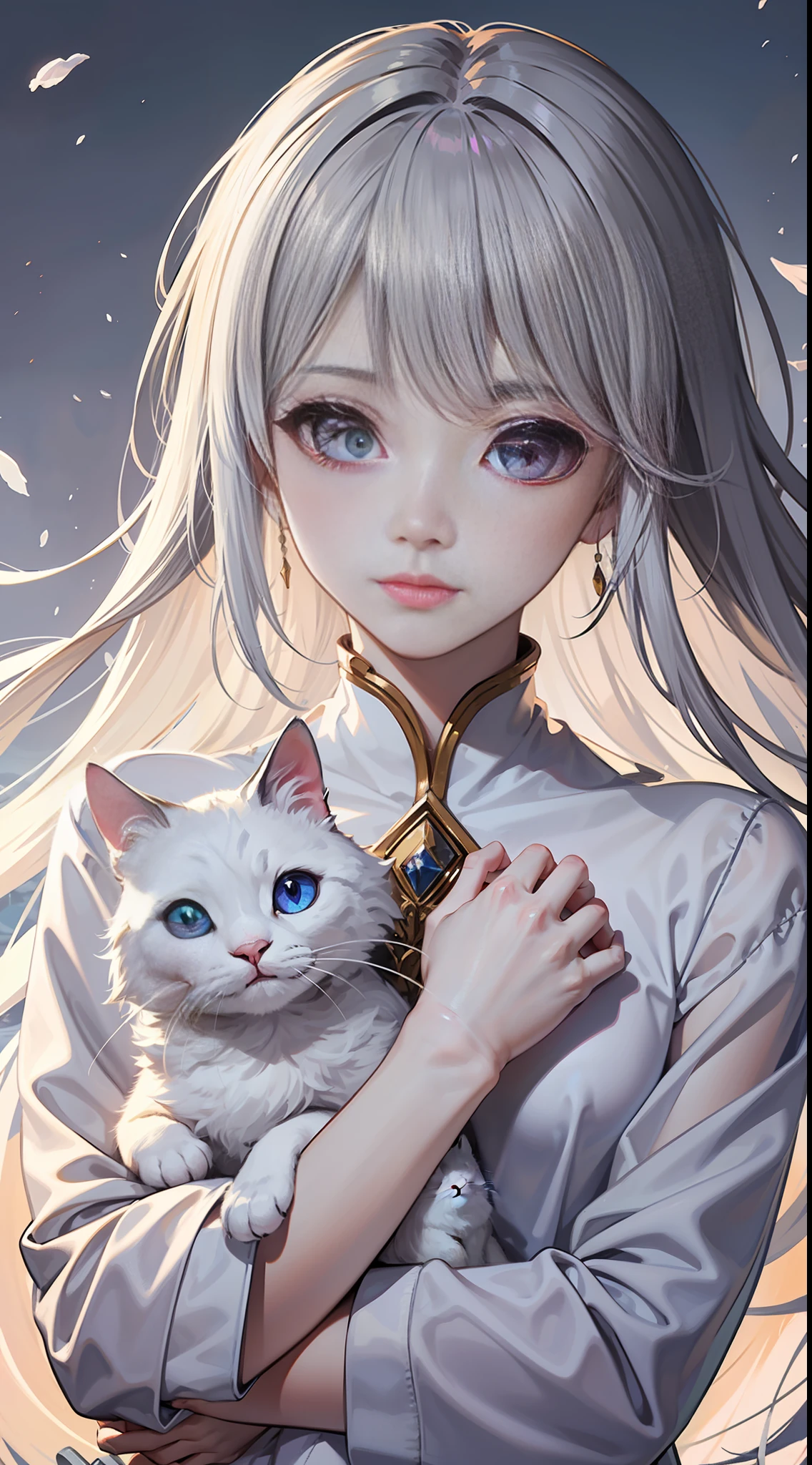 A representative photo of a Russian girl, ethereal beauty, dreamy, (delicate face: 1.2), gray hair, purple eyes, (crossed bangs: 1.1), (blooming eyes: 1.2). Deep sea, floating foam, melancholy expression, drooping eyelids, right light, holding a small white cat in his arms,