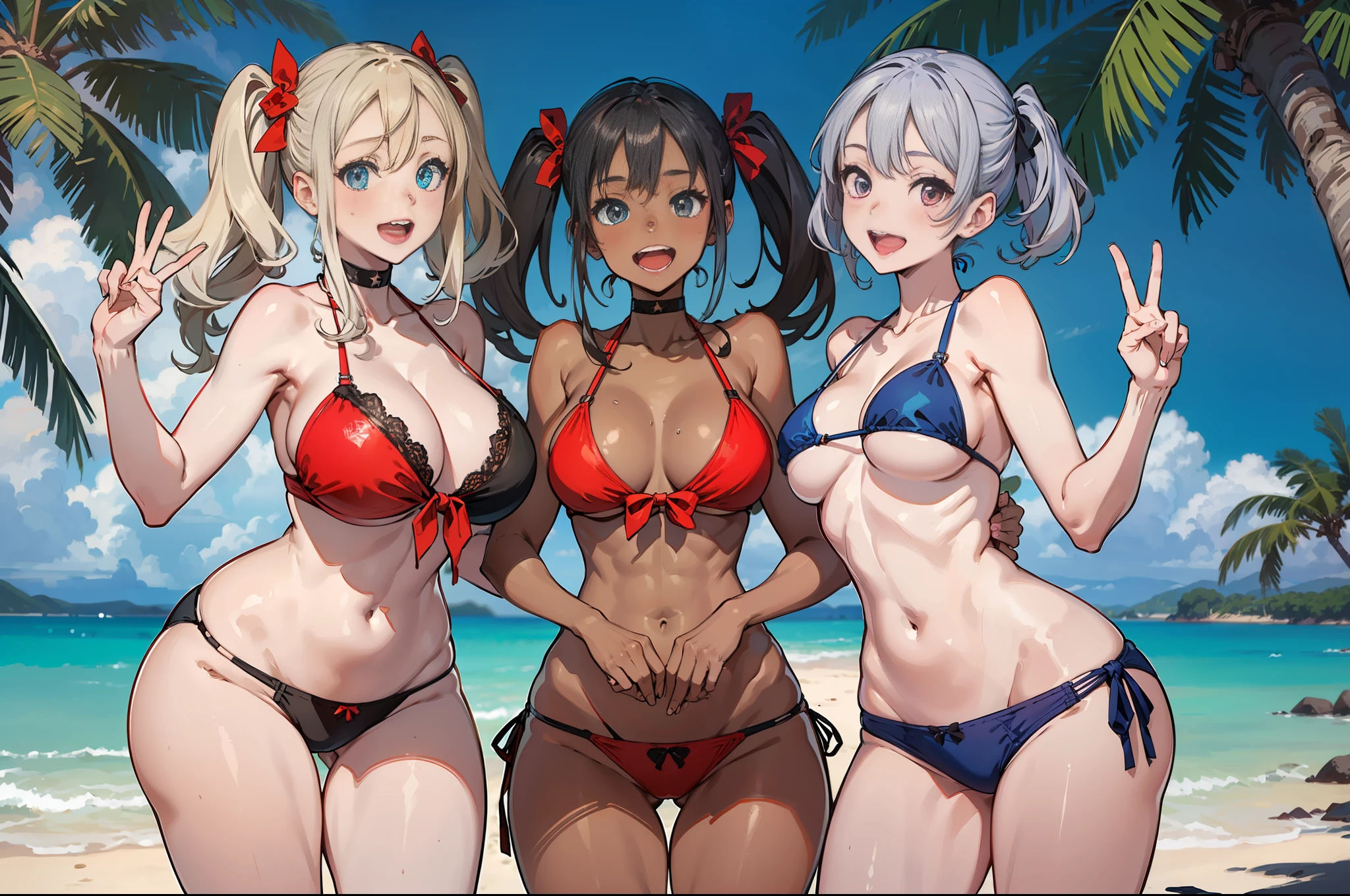 (masterpiece), maximum quality, (colored: 1.1), (5 girls, group shot: 1.4), (slim body: 1.1), (huge: 1.5), (dark skin: 1.1), (muscles: 1.1), blonde hair, silver hair, twin tails, (leaning forward: 1.4), (open mouth, happy smile: 1.1), (winc: 1.4), peace sign, (bikini stars, microbikini: 1.1), cowboy shot, (beach: 1.1), lace panties.