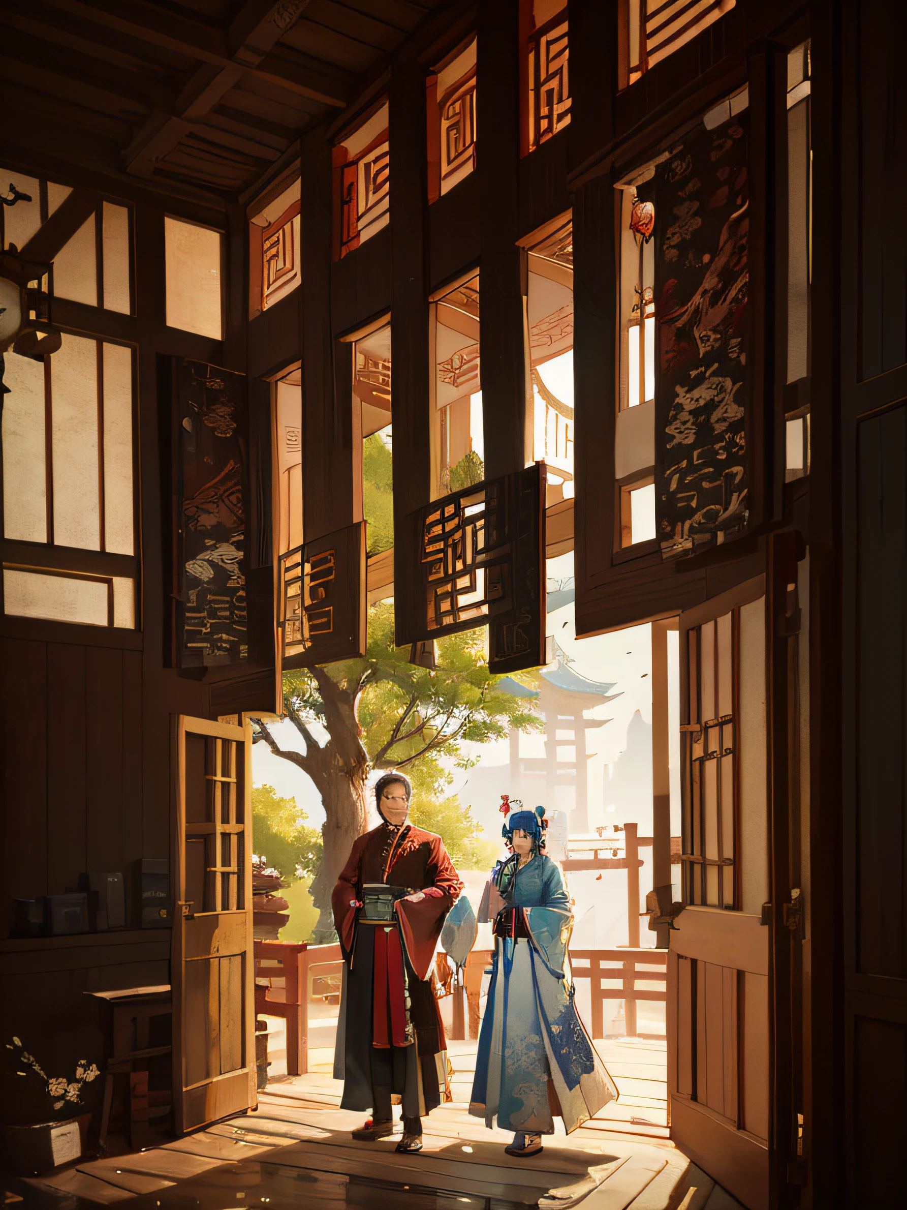 arafed image of a couple in a doorway with a tree in the background, beautiful render of tang dynasty, palace , a girl in hanfu, cyberpunk chinese ancient castle, by Yang J, by Fan Qi, beautiful concept art, ismail inceoglu and ruan jia, traditional japanese concept art, inspired by Fenghua Zhong, dramatic lighting. concept art