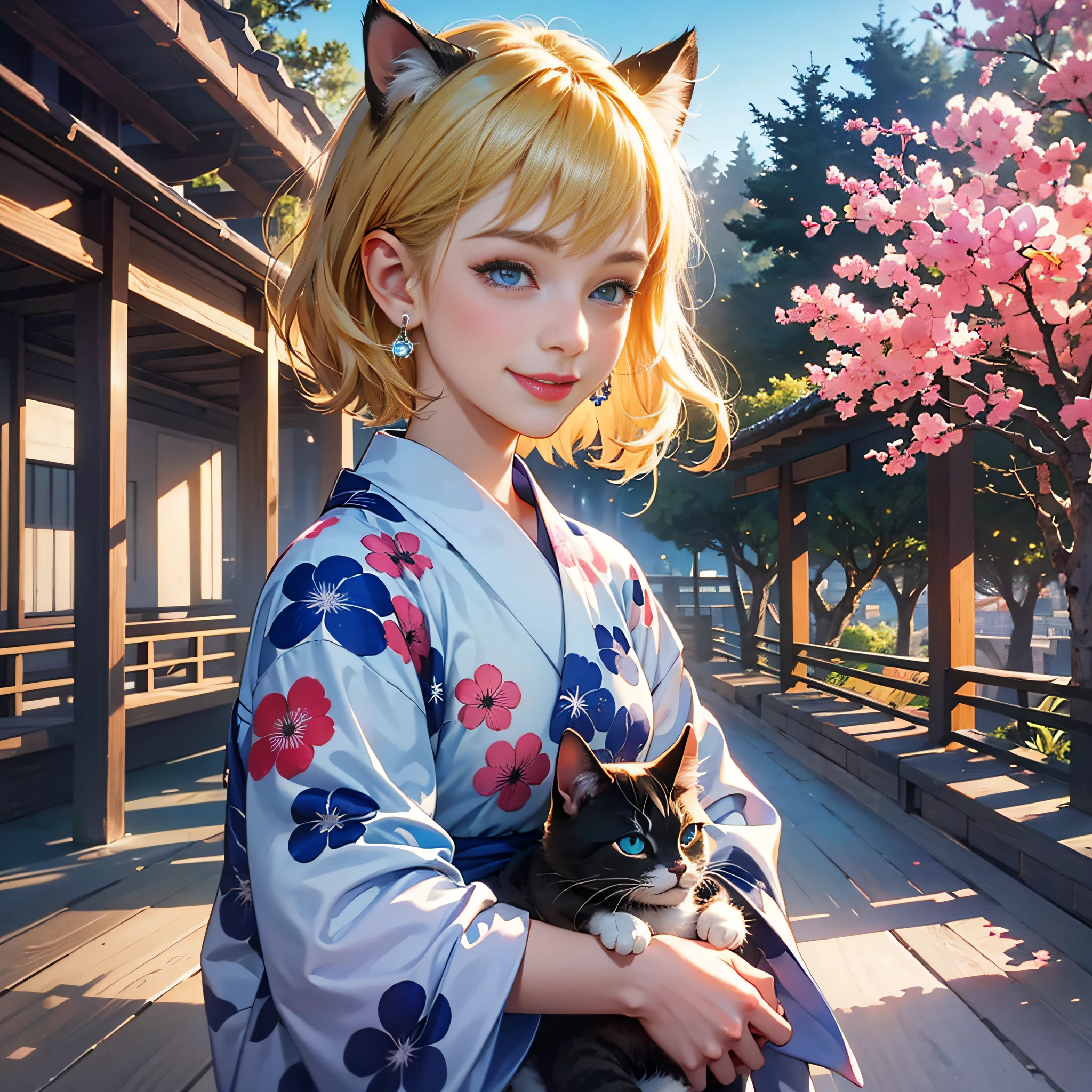 {{masterpiece, best quality, extremely detailed CG, unity 8k wallpaper}}, park facing Yokohama port, 1 girl, 1 cat, smiling girl holding a cat, cute face, blonde short bob, ears pierced earrings, yukata, yukata pattern goldfish, detailed eyes, blue eyes, double eyelids, long eyelashes, cinematic lighting,