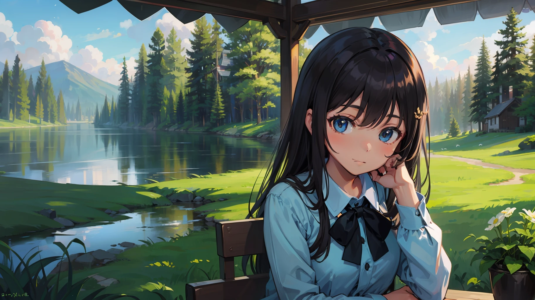 beautiful forest, picturesque city, quiet lake, cozy house, beautiful girl, detailed close-up