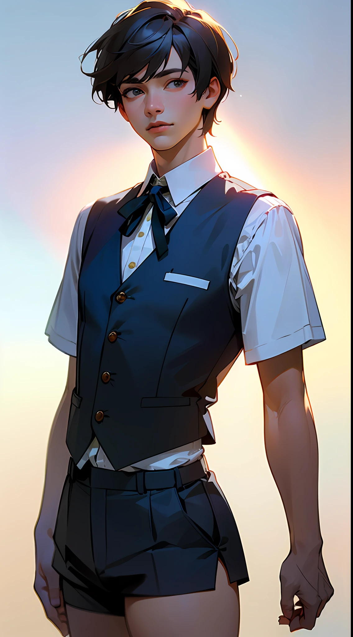 (8K, top quality, masterpiece: 1.2), (realistic, photorealistic animation tone: 1.37), ultra high definition, office boy in office clothes. Beautiful and delicate man. Nayoyaka. White blouse, chest ribbon and navy vest. Navy shorts with exposed thighs.