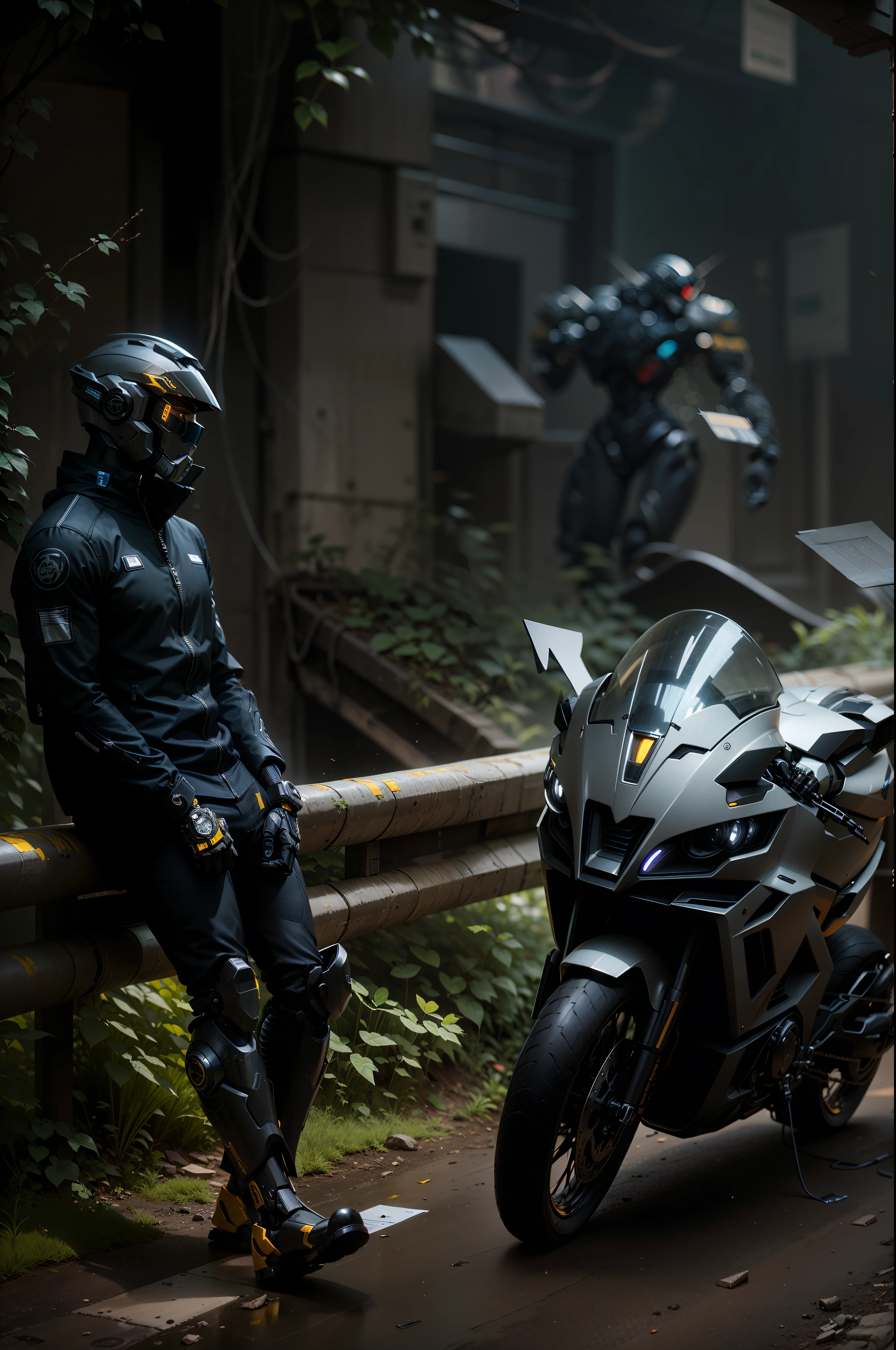 Strong handsome full body black mecha cyber handsome warrior, hands on chest, cyber mechanical motorcycle, high-tech black full enveloping faceless helmet, Nousr, biomechanics, MSHN robot man, high-tech helmet, surreal, steel, intricate design, crazy details, fine details, extremely clear lines, cinematic lighting, photorealistic, detailed masterpiece