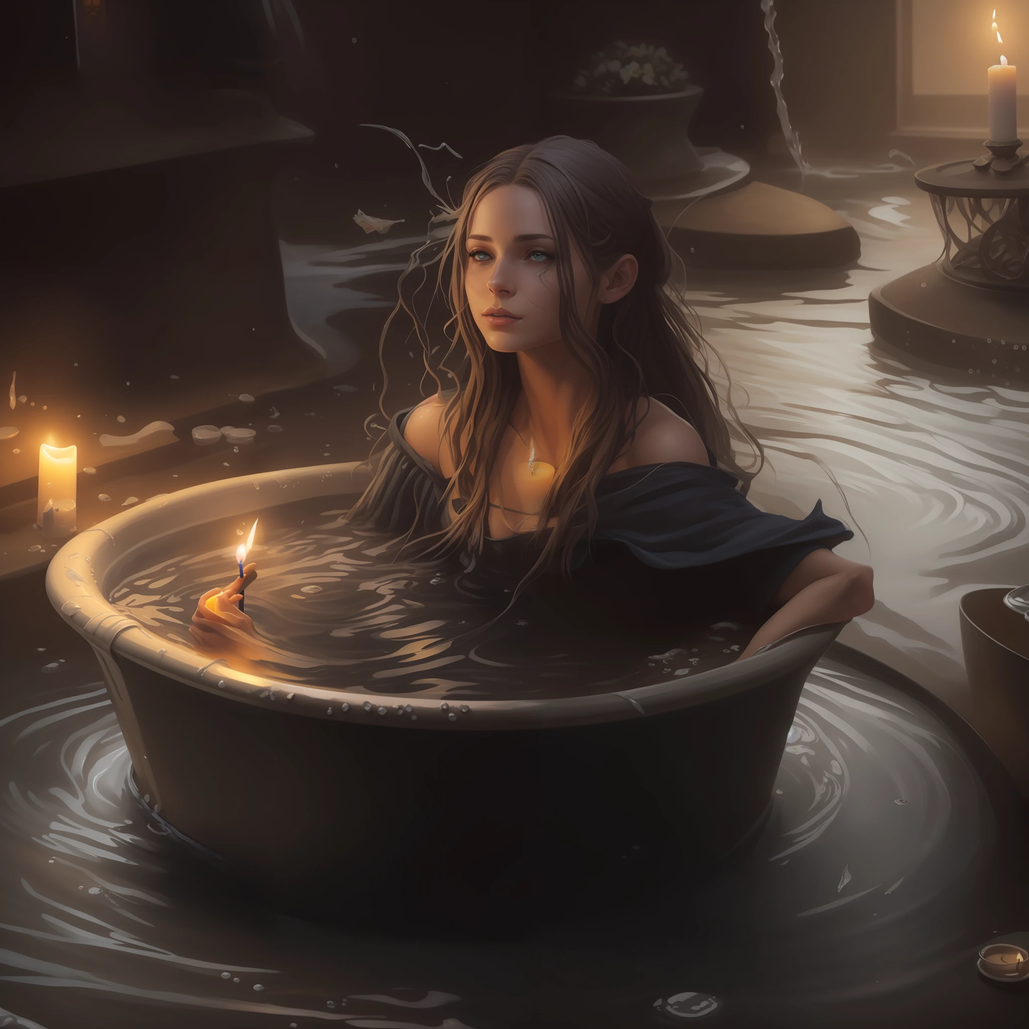 painting of a woman in a tub with a candle in it, realistic fantasy painting, hyperrealistic fantasy art, realistic fantasy illustration, realistic fantasy artwork, hyperrealistic d & d fantasy art, magali villeneuve', detailed fantasy art, tyler edlin fantasy art, graphic artist magali villeneuve, closeup fantasy with water magic, detailed painting 4 k, ultra realistic concept art