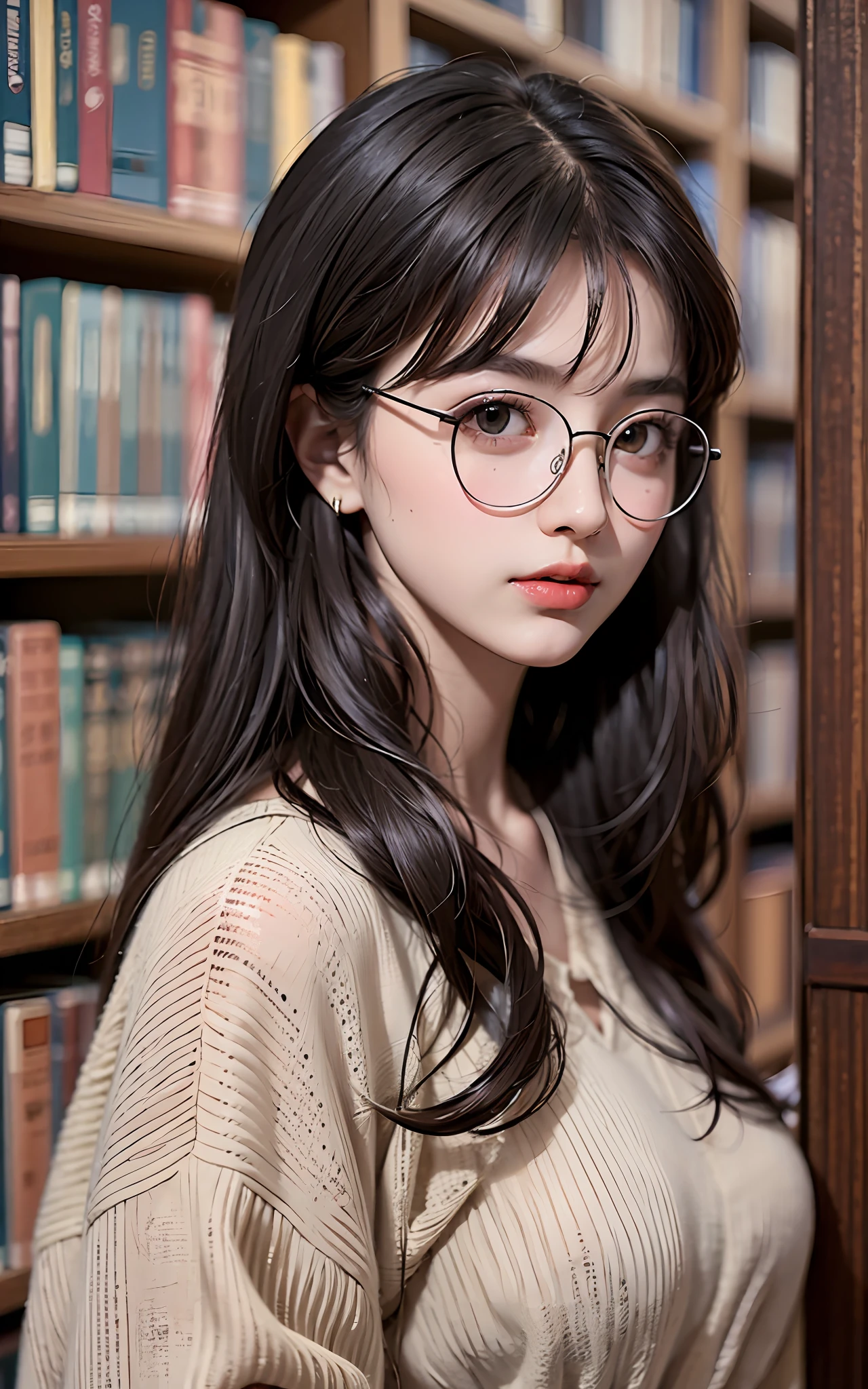 Top Quality, 8K, 4K, High Definition, Details Beautiful round glasses girl, dark-haired girl, oriental style everyday clothes, library with good atmosphere, upper body in the picture,
