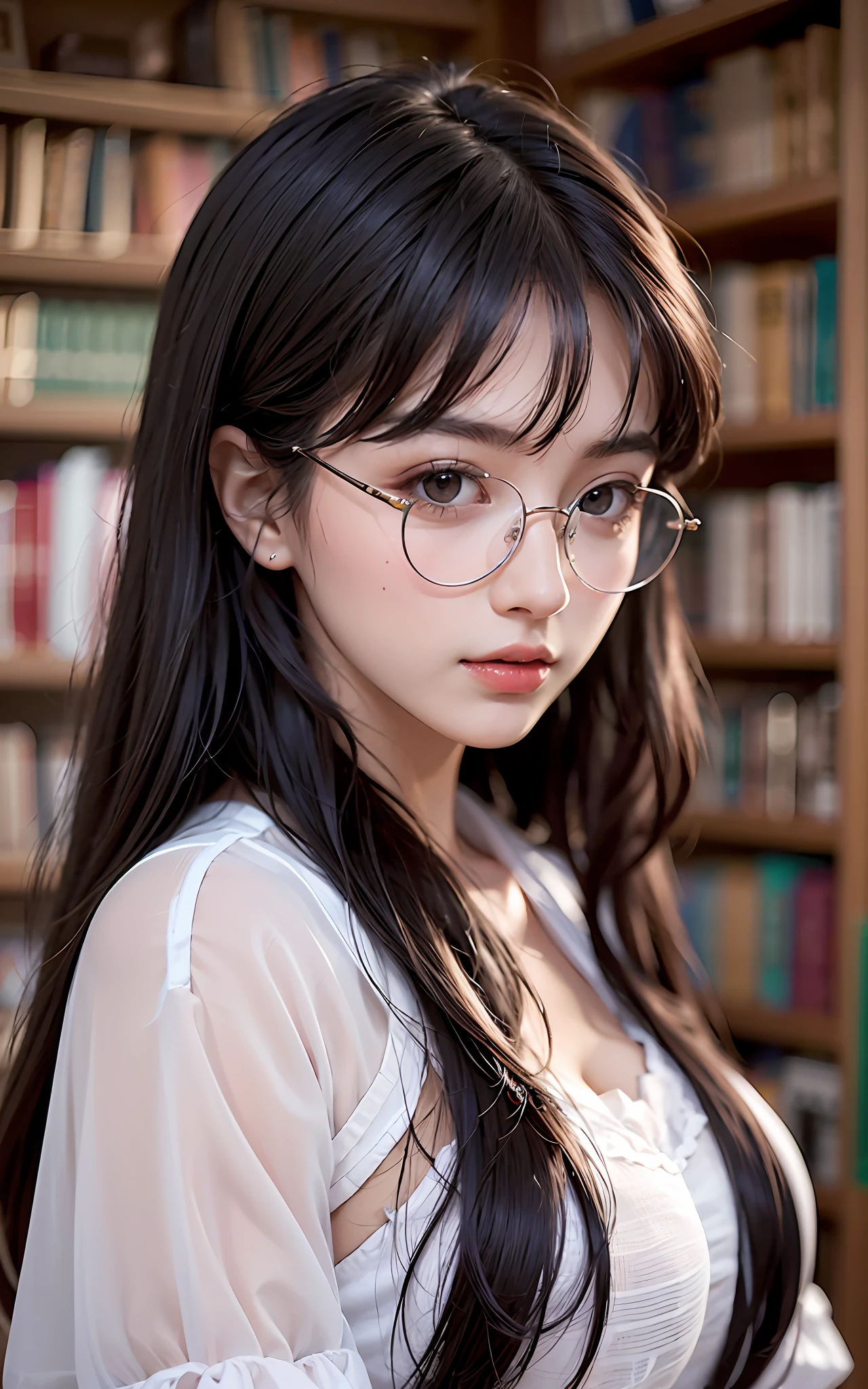 Top Quality, 8K, 4K, High Definition, Details Beautiful round glasses girl, dark-haired girl, oriental style everyday clothes, library with good atmosphere, upper body in the picture,