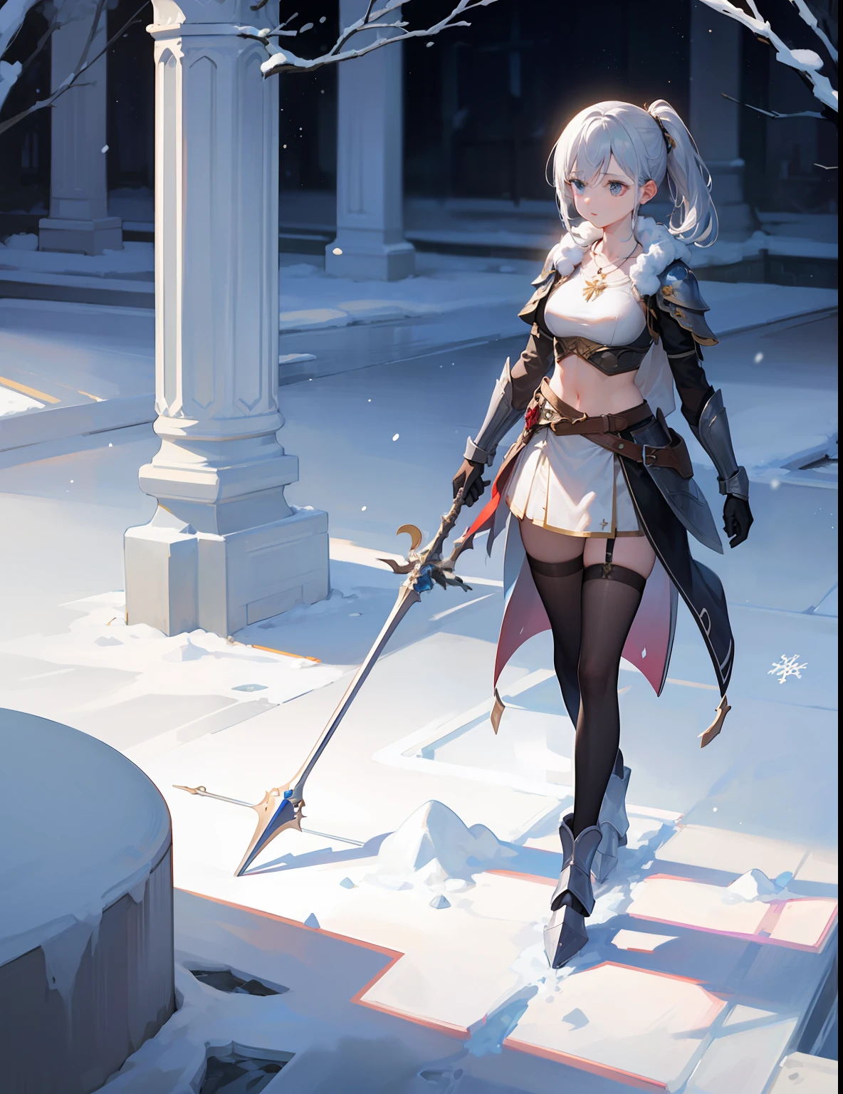 (1 girl: 1.3), solo
official art, Unity 8k wallpaper, super detailed, beauty and aesthetics, beauty, masterpiece, best quality, fantastic atmosphere, calm color palette, tranquil mood, soft shadows, inlay of projection, (highest quality), (depth of field), (full body), charming, rich details, (((silver hair))), quadratic, (cute), ((long single ponytail)), (white stockings), red hair ornament, blue necklace, crop top, solid armor, holding spear, snowflakes, Ice cubes, (floating crushed ice), snow days