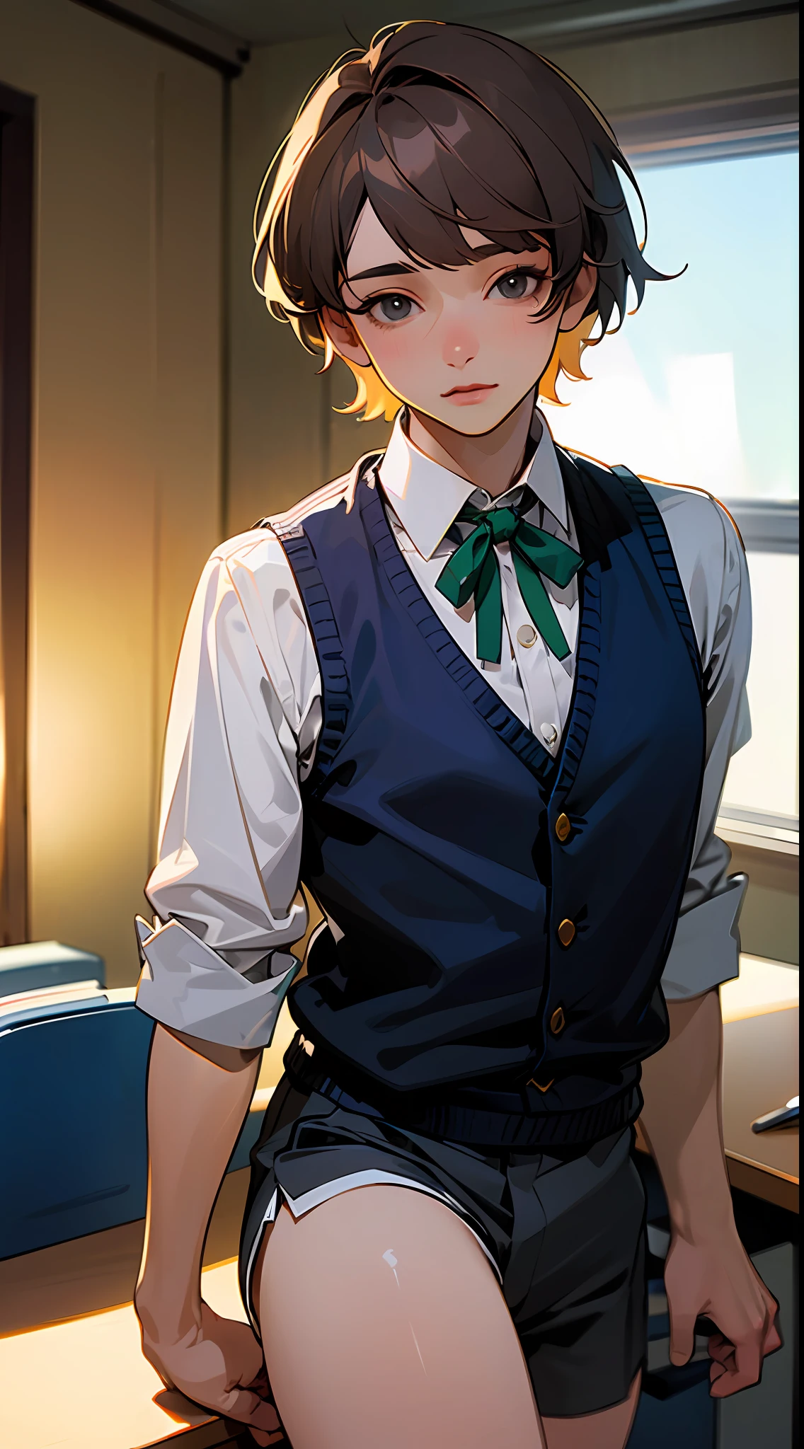 (8K, Top Quality, Masterpiece: 1.2), (Realistic, Photorealistic: 1.37), Ultra High Definition, Office Boy in Office Clothes. Beautiful and delicate man. Nayoyaka. White blouse, chest ribbon and navy vest. Navy shorts with exposed thighs.