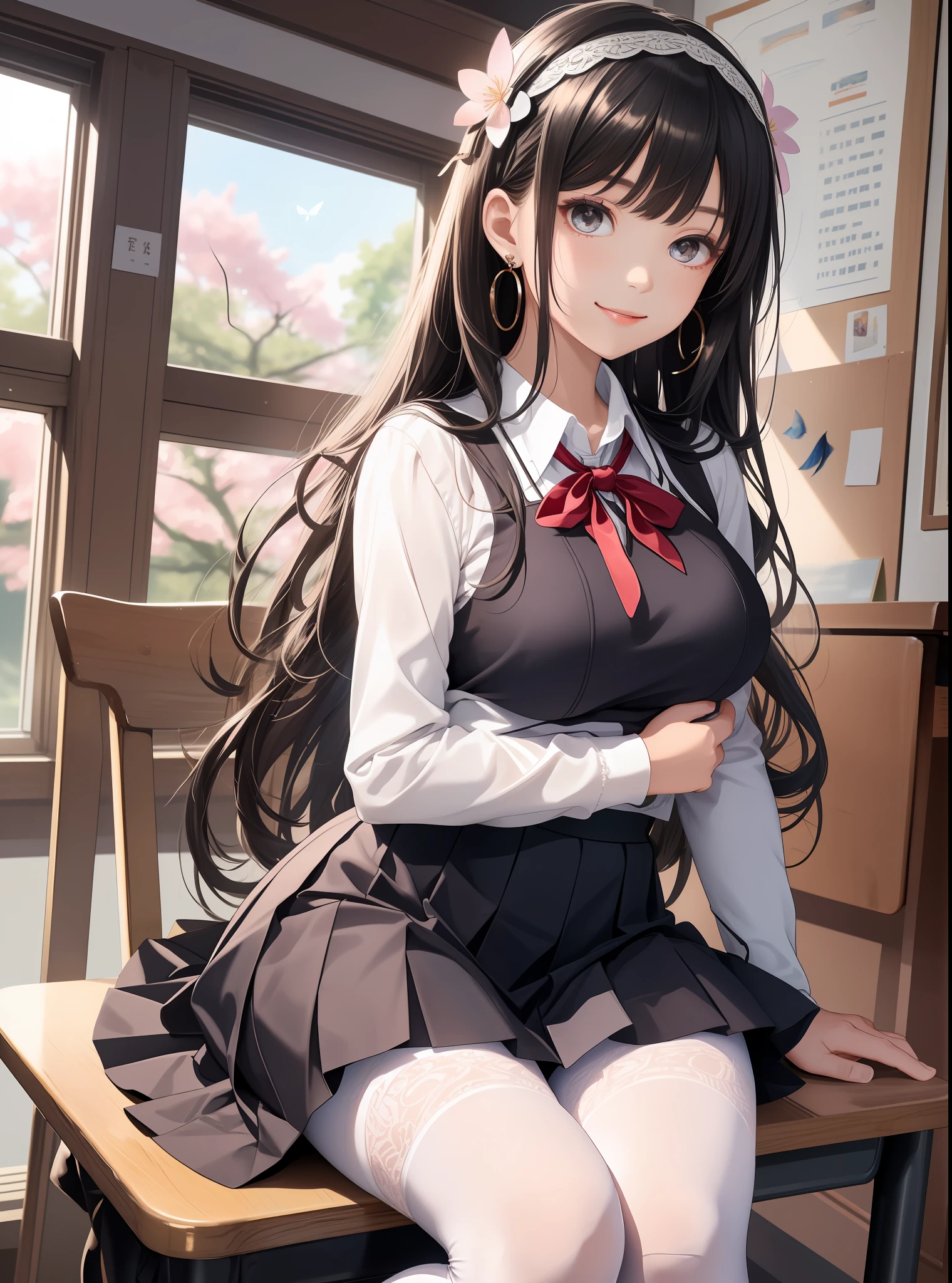 Extremely detailed face, an extremely delicate beautiful girl, extremely detailed eyes and face, high resolution, beautiful detailed eyes, real light source, warm colors, a girl, thigh focus, smile, look up, look at you, shy, very long hair, black hair, silver hair, bangs, big breasts (E, erlang legs, absolute field, school uniform, pleated skirt, mini skirt, white tights, leggings pantyhose, ribbons, necklaces, earrings, damaged over-the-knee socks, lace, clothing accessories/head accessories, headbands, Scattered cherry blossoms, detailed background, butterflies flying, classroom, hands on heads, indoors, tables in the sun