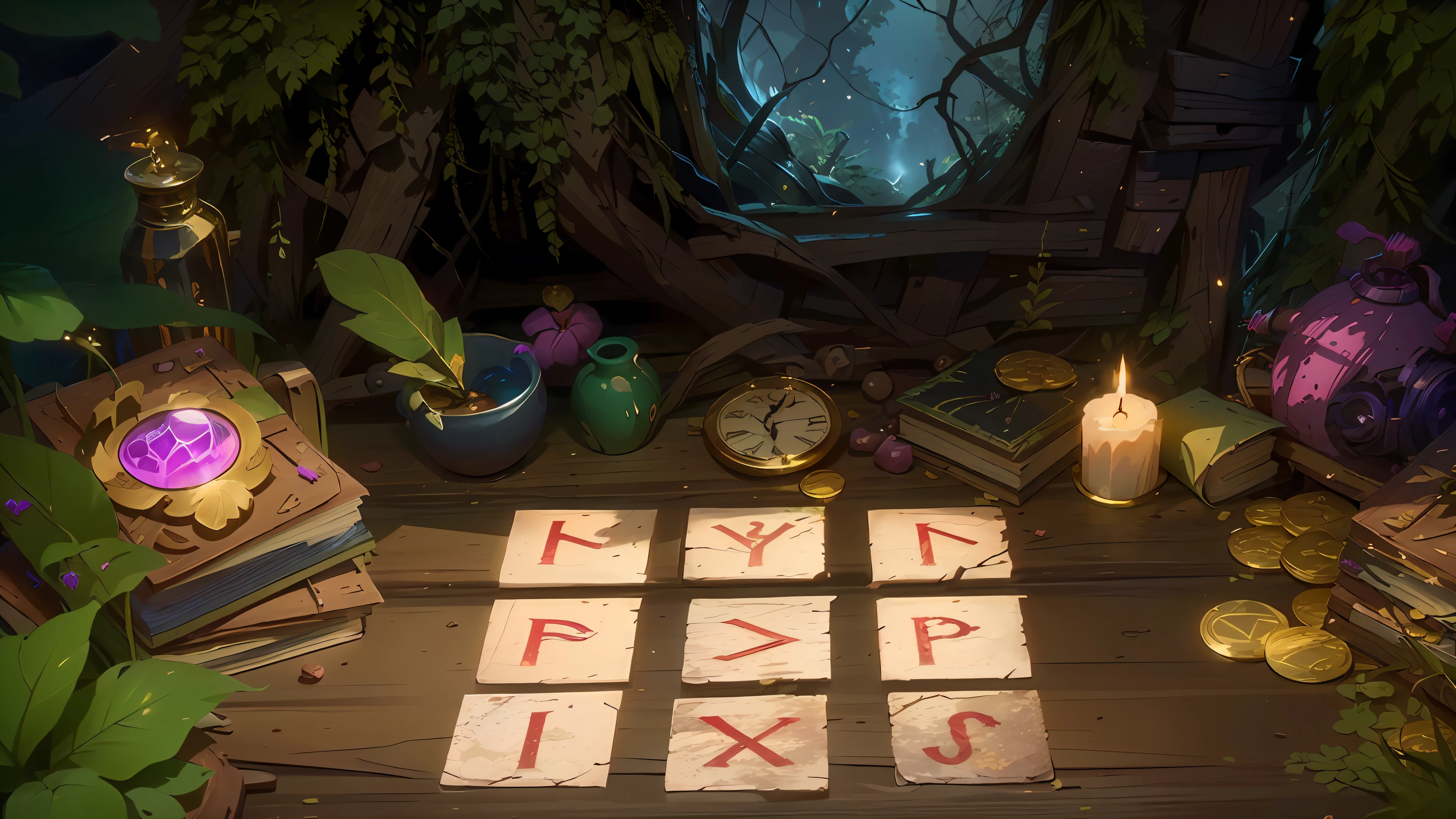 A wizard's room made of wood has (scattered gold coins, fantasy fruits, thick branches, wooden compasses, fantasy bottles and candles, wood-textured walls, piles of magic books, scattered scrolls, wooden tabletops, fantasy vegetation), lush foliage foreground, clear wood texture, strong sense of material, fantasy magic house, mystery room in the fantasy forest, light beams shining into the windows under the night, Pixar animation style, Pixar cartoon art, best quality, best effect, best sense of material