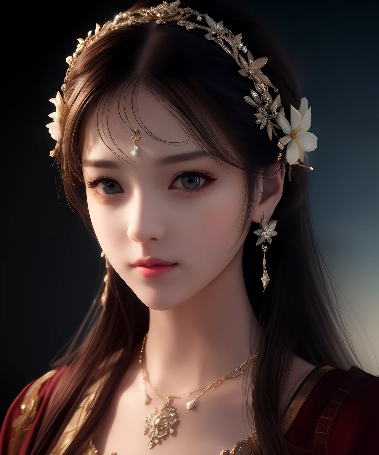Best quality, masterpiece, high resolution, 1girl, porcelain dress, hair accessories, necklace, jewelry, beautiful face, on the body, Tyndall effect, realistic, dark studio, edge lighting, two-tone lighting, (high detail skin: 1.2), 8k UHD, dslr, soft light, high quality, volumetric light, candid, photo, high resolution, 4k, 8k, background blur,