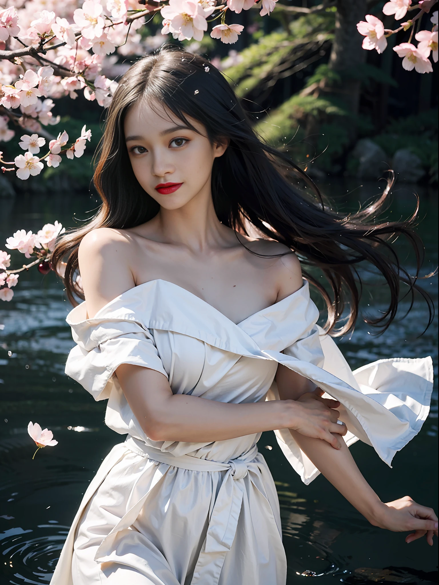 (RAW photo, best quality),(realistic, photo-realistic:1.3),masterpiece,extremely detailed,CG,unity,2k wallpaper,Amazing,finely detail,light smile,extremely detailed CG unity 8k wallpaper,huge filesize,ultra-detailed,highres,absurdres,soft light,   1girl,(circa 18),with ethereal beauty,porcelain skin,exquisite appearance,golden eyes,small mouth,(red lips:1.3),(light smile:1.3),(tear drop:0.7),flowing hair,(hairpin:0.7),(white robes:1.2),(blue sash:0.8),(sleeveless:0.9),(exposed shoulders:1.2),(barefoot:1.1),(floating in air:1.3),(glowing aura:1.4),(suspended petals:1.2),(butterflies:1.1),mountain,(misty:0.9),(waterfall:0.8),(cherry blossom trees:1.3),(flying birds:0.7),(dramatic  lighting:1.2),(cinematic  composition:1.3),(dreamlike:1.3),(ethereal music:1.4)