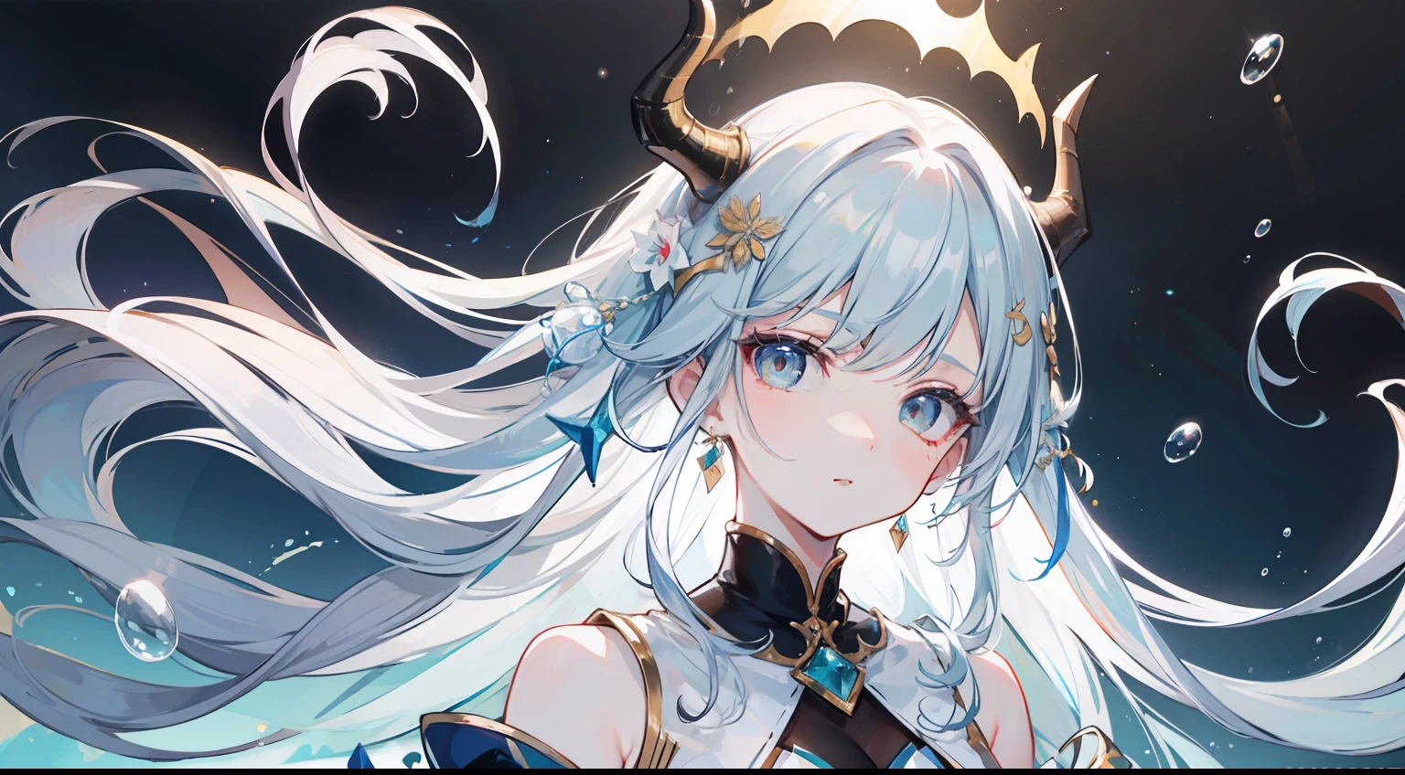 Beautiful portrait of the highest quality, masterpiece, exquisite CG, full body photo, light blue long-haired girl, in the sea, delicate and complex hair ornaments, dragon horns, upper body and lower body dragon tail, golden eyes long eyelashes, floating hair, highlights, bubbles, panorama, wide-angle lens, absolutely beautiful, charming, perfect, ultra-clear, HD, full body photos