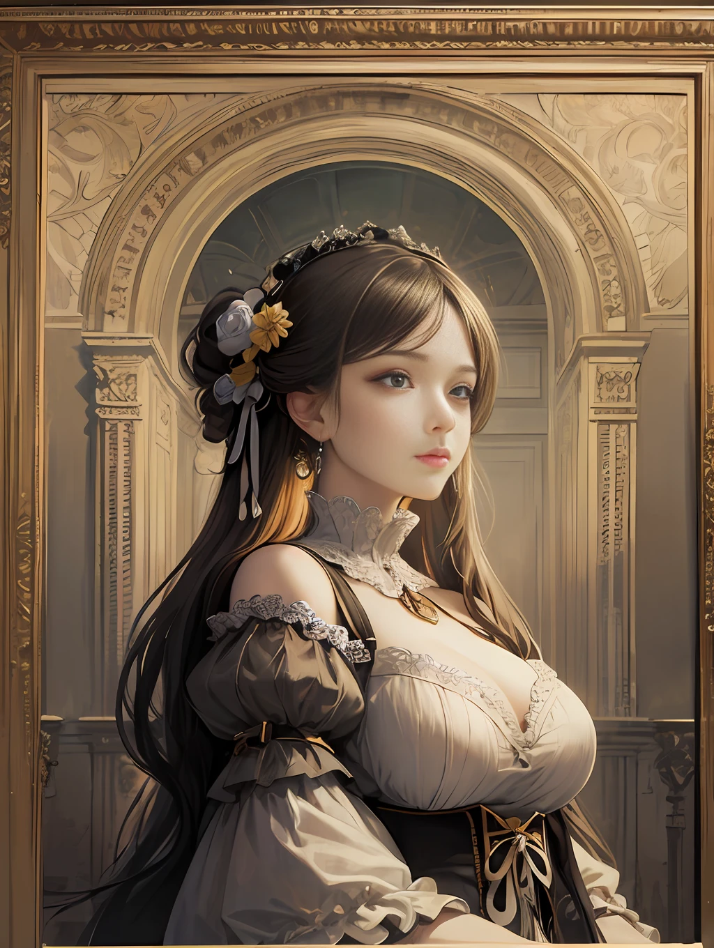 (Pure Color: 0.9), (Color: 1.1), (Masterpiece: 1,2), Best Quality, Masterpiece, High Resolution, Original, Highly Detailed Wallpaper, Beauty, Beauty, Victorian, Dress, Melancholy, Big Breasts, --auto --s2
