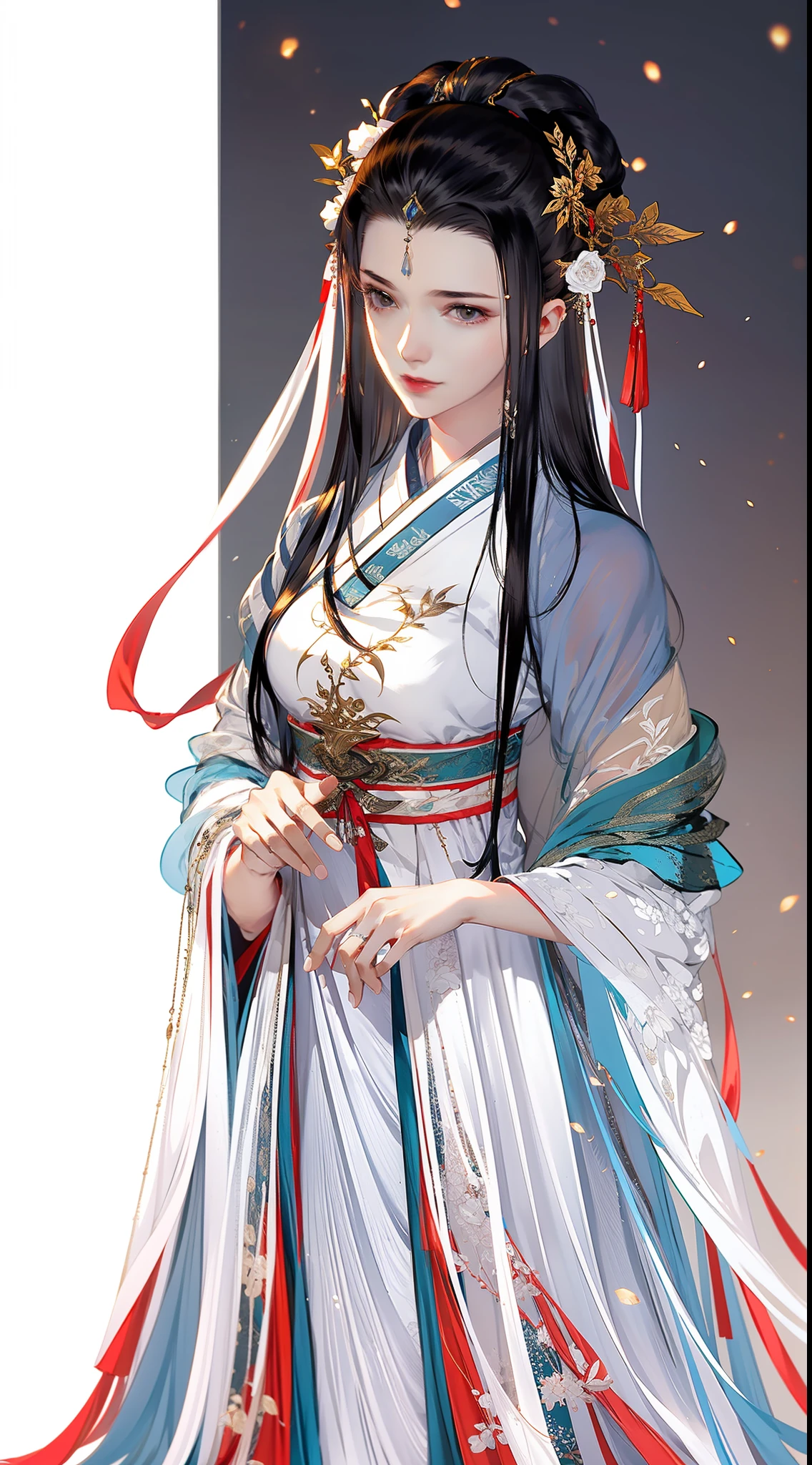 (8k, RAW Photo: 1.2), Best Quality, 1 Woman, Beautiful Face, Delicate Skin, Gorgeous Bun, Hair Accessories, Hanfu, Jewelry, Full Body, High Detail, Professional Assassin, Accent, Flowing Soft Gauze, Arms and Thighs Exposed, Sketch, Denoising, Dramatic, Cinematic, Particle Effects, White Background, Super High Resolution, Best Shadow, RAW, (HDR) (Wallpaper) (Cinematic Lighting) (Sharp Focus), Masterpiece, (Very Detailed CG Unified 8k Wallpaper)