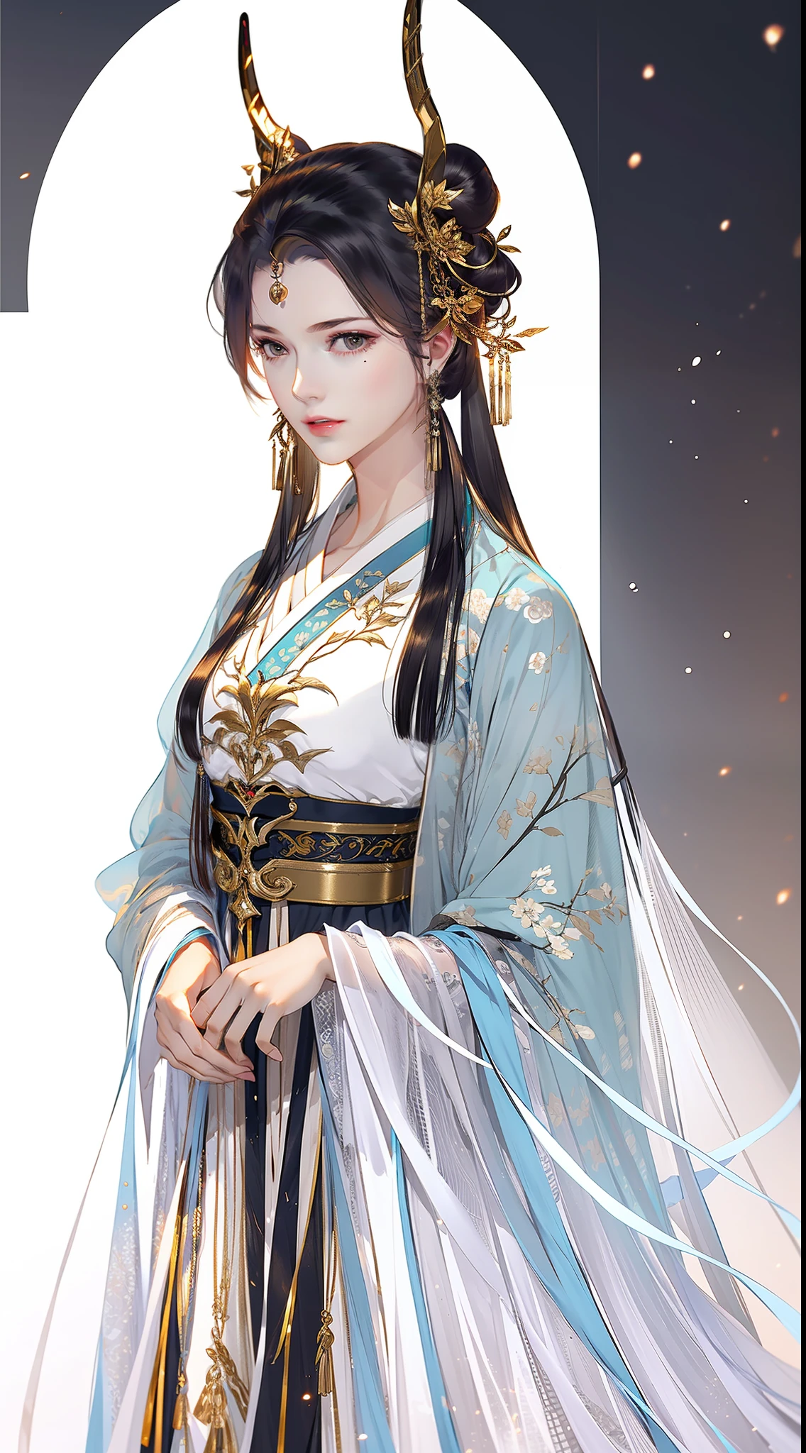 (8k, RAW Photo: 1.2), Best Quality, 1 Woman, Beautiful Face, Delicate Skin, Gorgeous Bun, Hair Accessories, Hanfu, Jewelry, Full Body, High Detail, Professional Assassin, Accent, Flowing Soft Gauze, Arms and Thighs Exposed, Sketch, Denoising, Dramatic, Cinematic, Particle Effects, White Background, Super High Resolution, Best Shadow, RAW, (HDR) (Wallpaper) (Cinematic Lighting) (Sharp Focus), Masterpiece, (Very Detailed CG Unified 8k Wallpaper)