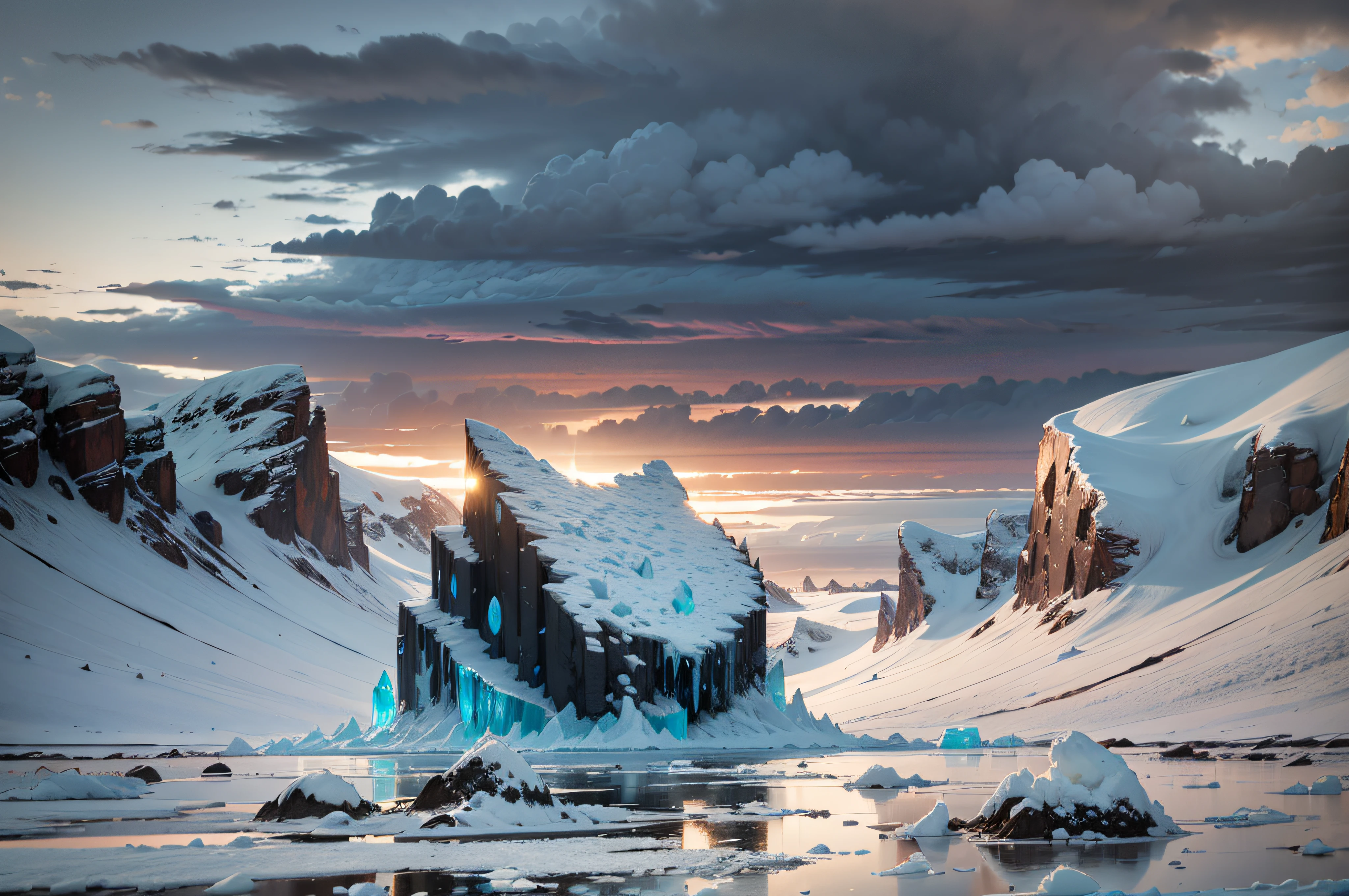Icy boulders littered across a vast snowy tundra extending to the horizon, undisturbed except for the (giant footprint) of a mammoth. Dark grey (storm clouds) gather in the distance. A thick sheet of cracked ice covers an expansive (icy lake)