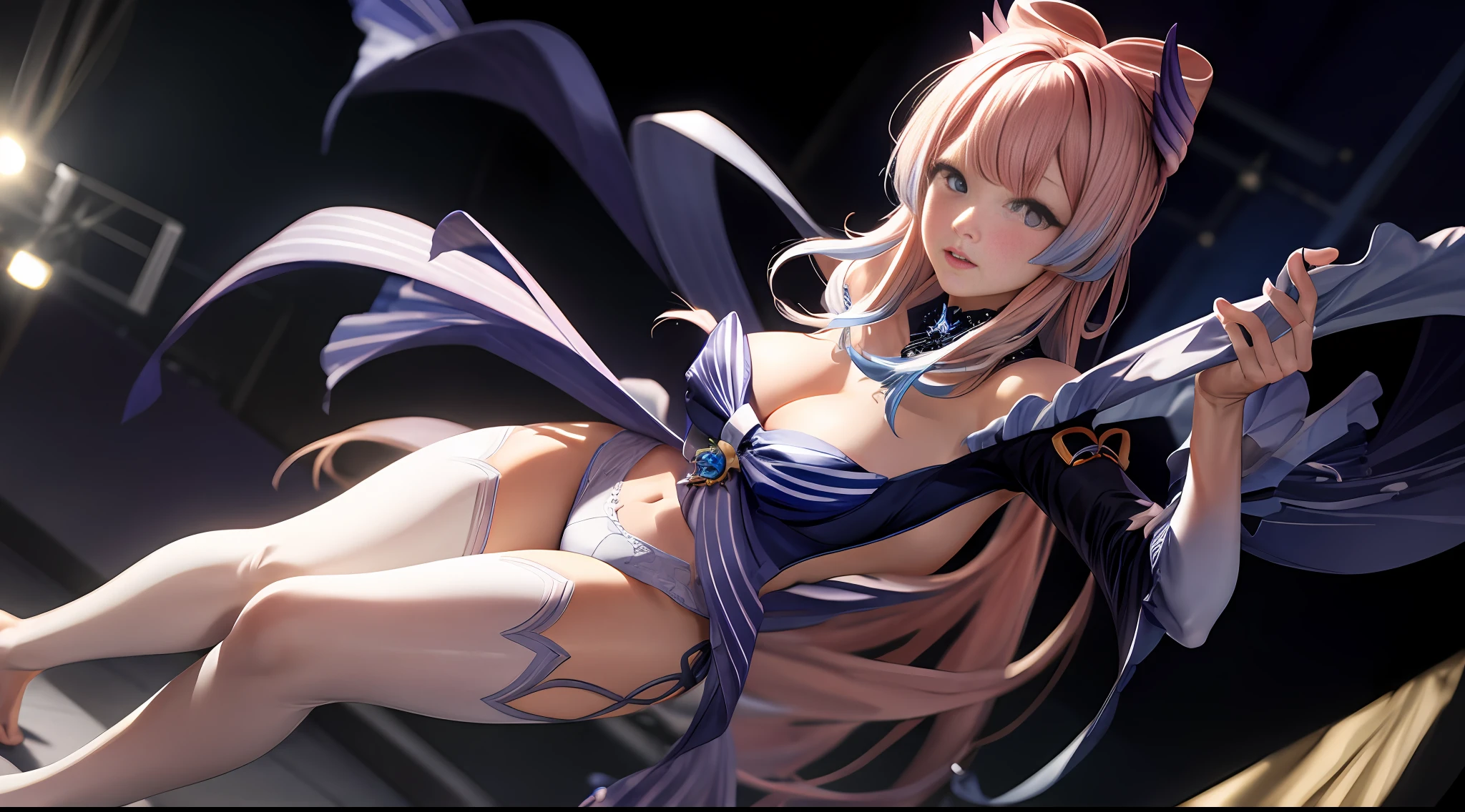 Masterpiece, most qualified, kokomidef, full body, blush, bed, exposed breasts, daytime, long hair, looking at the audience, white transparent lace panties open legs, panties shot, barefoot, facing the audience, fine details, realistic face, realistic eyes, ((dynamic angle)), ((dynamic pose)), high quality, super detail,