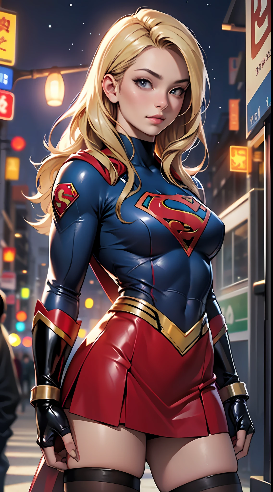 ((Realistic Lighting, Best Quality, 8K, Masterpiece: 1.3)), Focus: 1.2, 1girl, Perfectly shaped Chinese beauty: 1.4, Fine abs: 1.1, ((blonde hair)), (Supergirl uniform, atex: 1.4), (Outdoor, Night: 1.1), City streets, Super thin face, Thin eyes, Double eyelids, Latex miniskirt, (Black socks over the knee: 1.5) --auto --s2