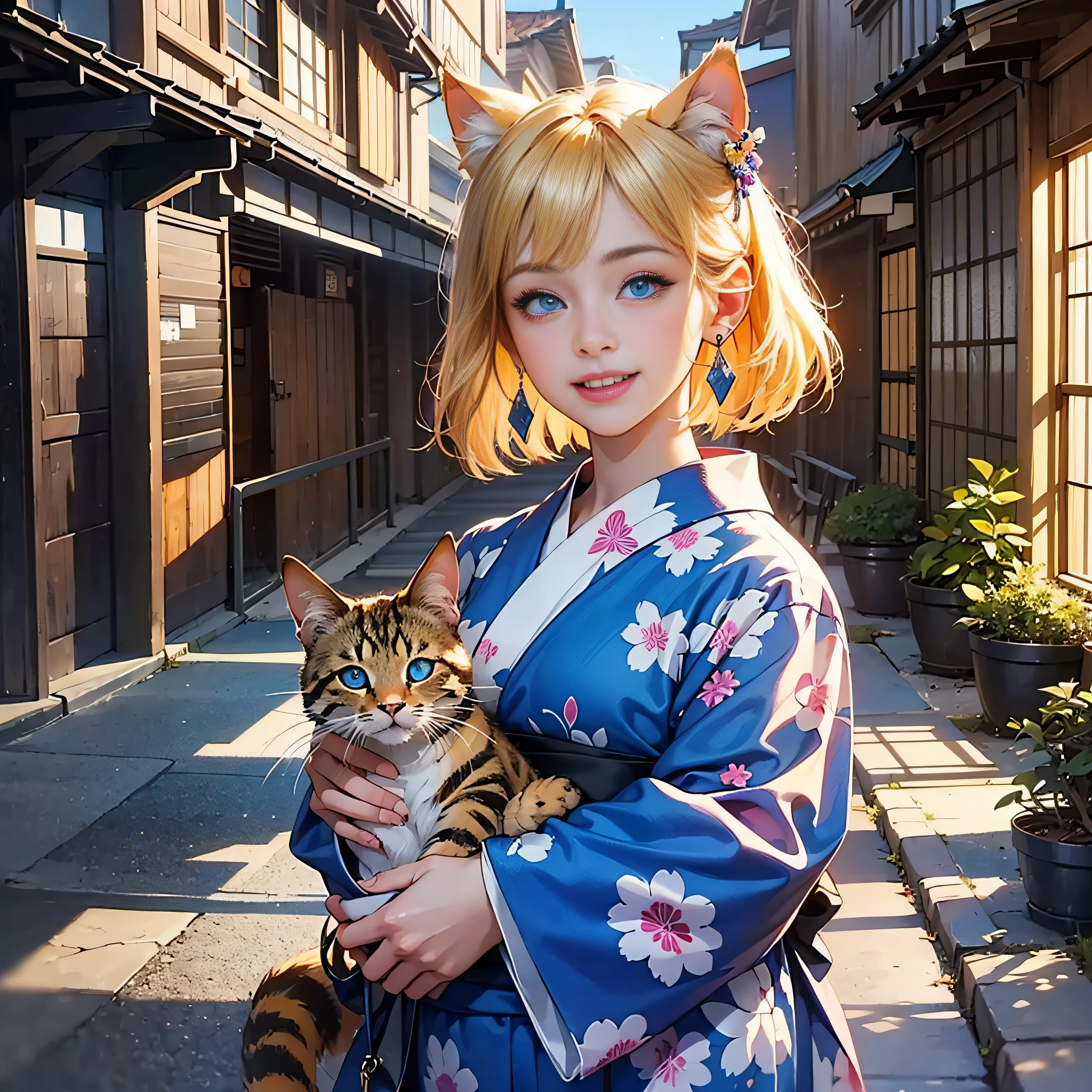 {{masterpiece, best quality, extremely detailed CG, unity 8k wallpaper}}, park facing Yokohama port, 1 girl, 1 cat, smiling girl holding a cat, cute face, blonde short bob, ears pierced earrings, yukata, yukata pattern goldfish, detailed eyes, blue eyes, double eyelids, long eyelashes, cinematic lighting,