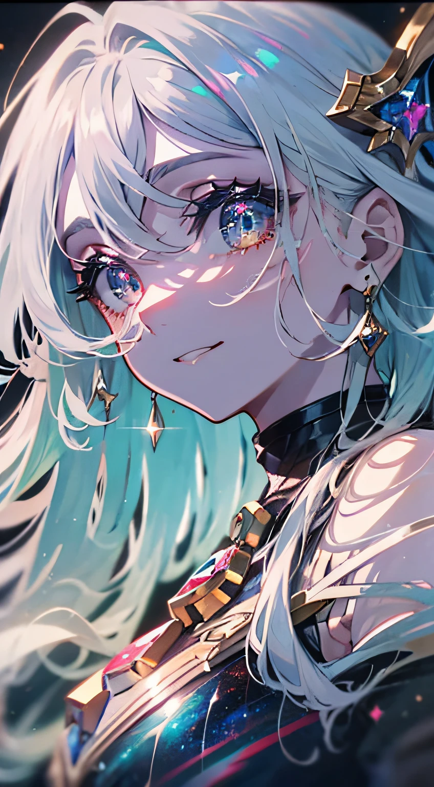 (Simple hand: 0.5) + (Detailed hand: 0.7), (Masterpiece), (Best quality), White hair, red eyes, 1 girl, pale skin, white hair, red eyes, bicolor hair, eyelashes, bracelets, jewelry, smile, sparkling skin, shiny hair, detailed and majestic stage, fantasy, long hair, 1 girl, bicolor hair, night sky, incredibly detailed CG illustration masterpiece looking at you, anime, beautiful anime eyes, beautiful detailed eyes, eyes, sparkling eyes, blue eyes, galaxy, nebula, (whole body), (curve),