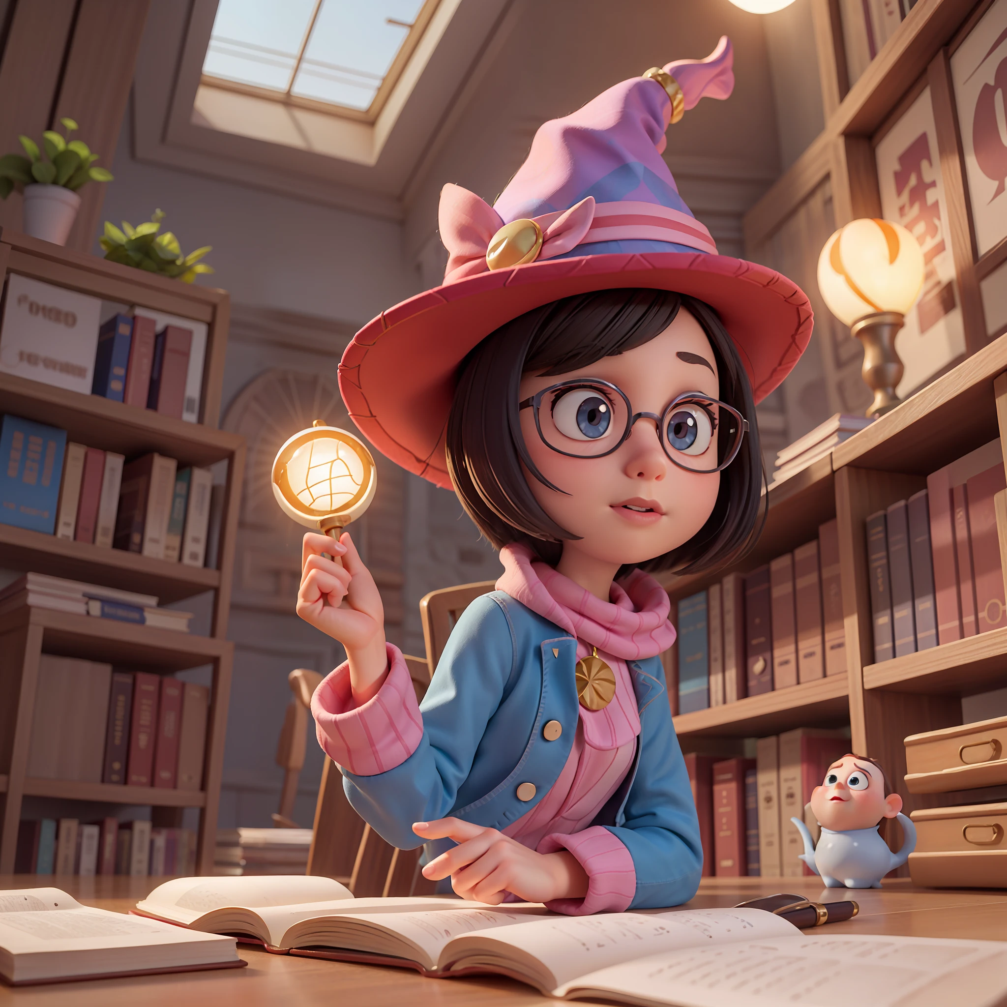 a cute pixar witch in a pixar library, pixar, sun light, warm color background
