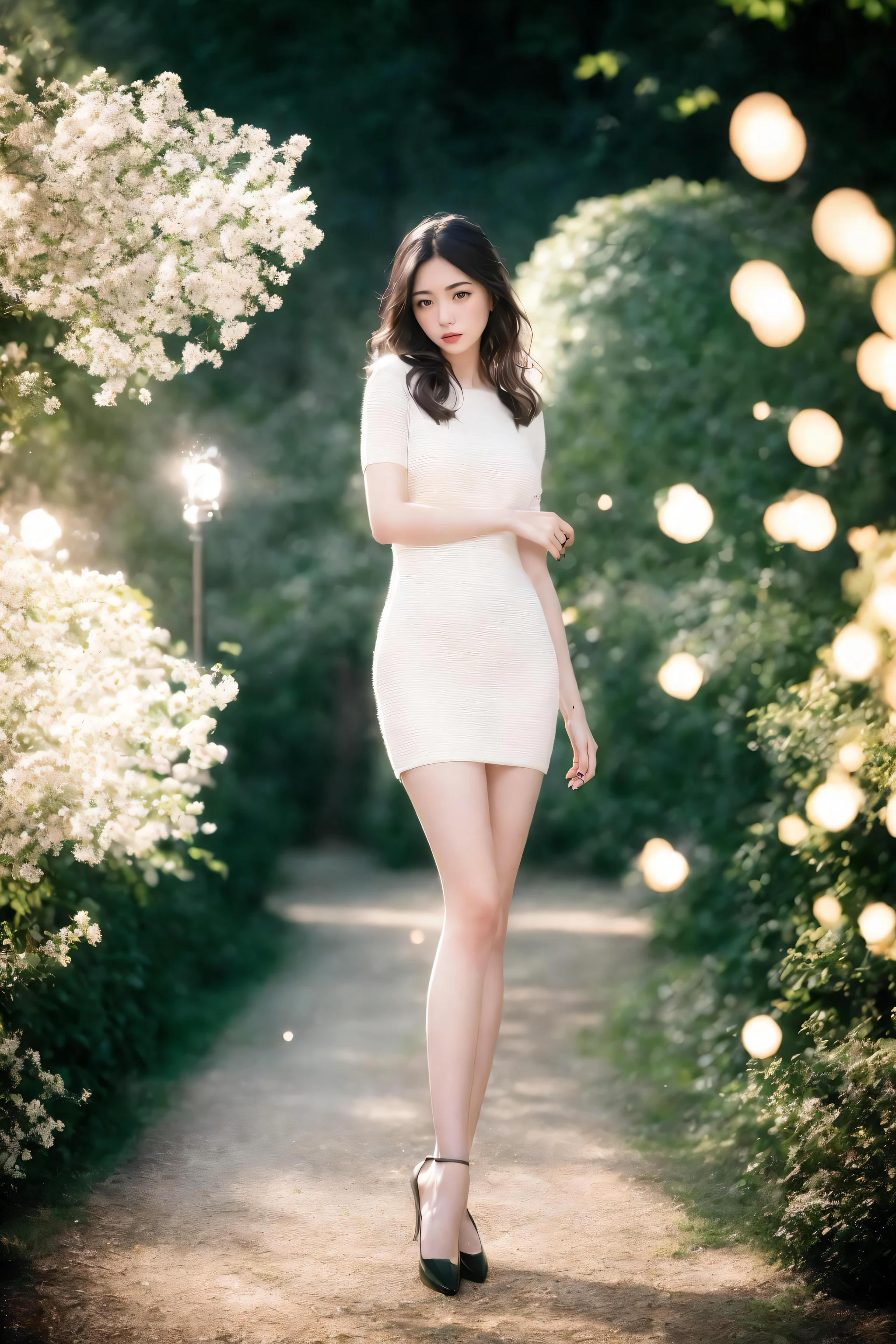 (nikon RAW photo, 8k), (photorealistic:1.3),1girl, full body, solo, fashion portrait, fashionable outfit, stuning dress ,royal garden, classic, cinematic lighting, utopian, euphonium, ((light particles)), realistic, morning sun, dynamic, fresh,best quality, exquisite details, high-resolution, 85mm film, timeless elegance. portrait photography, 85mm film, natural blurry