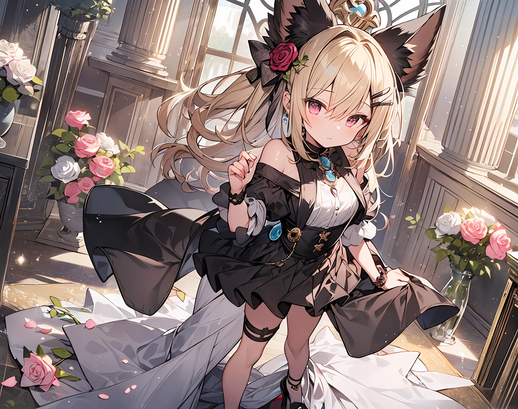 ((masterpiece, best quality)), a maiden, standing full body, main view, blonde hair, double ponytail, pink eyes, bangs between the eyes, fox ears, black, white and rose clothing, clothing style: tutu, leg straps, hair ornaments are bows, crystal pendants, high heels, white silk