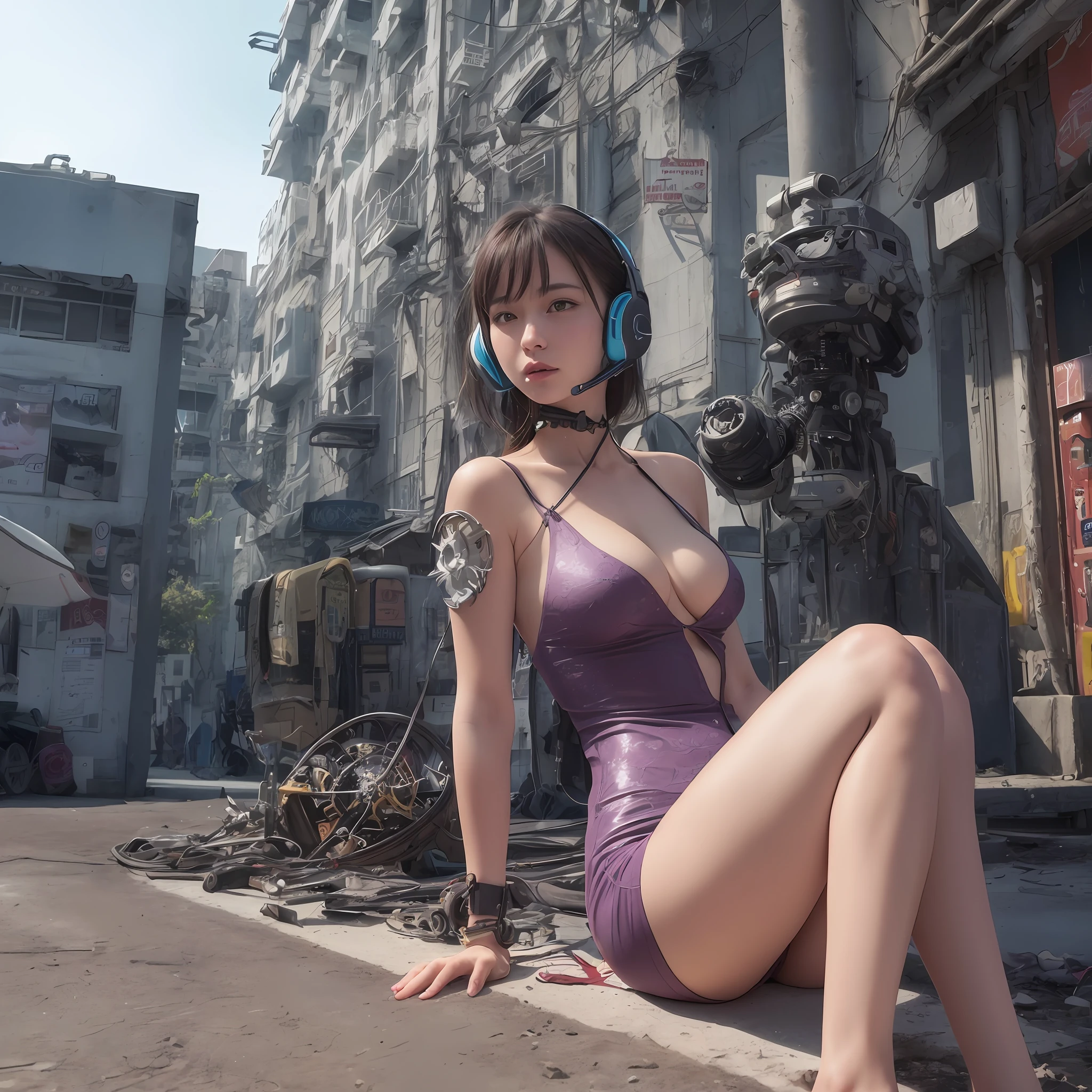 1girl, ulzzang-6500-v0.7, (raw photo: 1.2), (((photorealistic: 1.4)) top quality masterpiece, illustration, very delicate and beautiful, highly detailed CG, unity, 8k wallpaper, amazing, fine details, masterpiece, official art, highly detailed CG Unity 8k wallpaper, absurd, incredibly absurd, cute, top quality, masterpiece, Ultra High Resolution, (Photorealistic: 1.4), Raw Photo, Futuristic Town Perspective, Futuristic Skyscrapers,  Girl Standing on a Futuristic Street Corner, Black Hair, Glossy Skin, 1 Cyborg Girl, (Ultra Realistic Details)), Portrait, Global Illumination, Shadows, Octane Rendering, 8K, Ultra Sharp, Big, cleavage exposed raw skin, metal, intricate ornamental details, headsets, hydraulic cylinders, very intricate details, realistic light, CGSoation trends, purple eyes, glowing eyes, facing the camera, neon details, mechanical limbs, blood vessels connected to tubes, mechanical vertebrae attached to the back, mechanical cervical attachment to the neck, sitting, wires and cables connecting to the head, Evangelion, cyberpunk, small LED lamps,