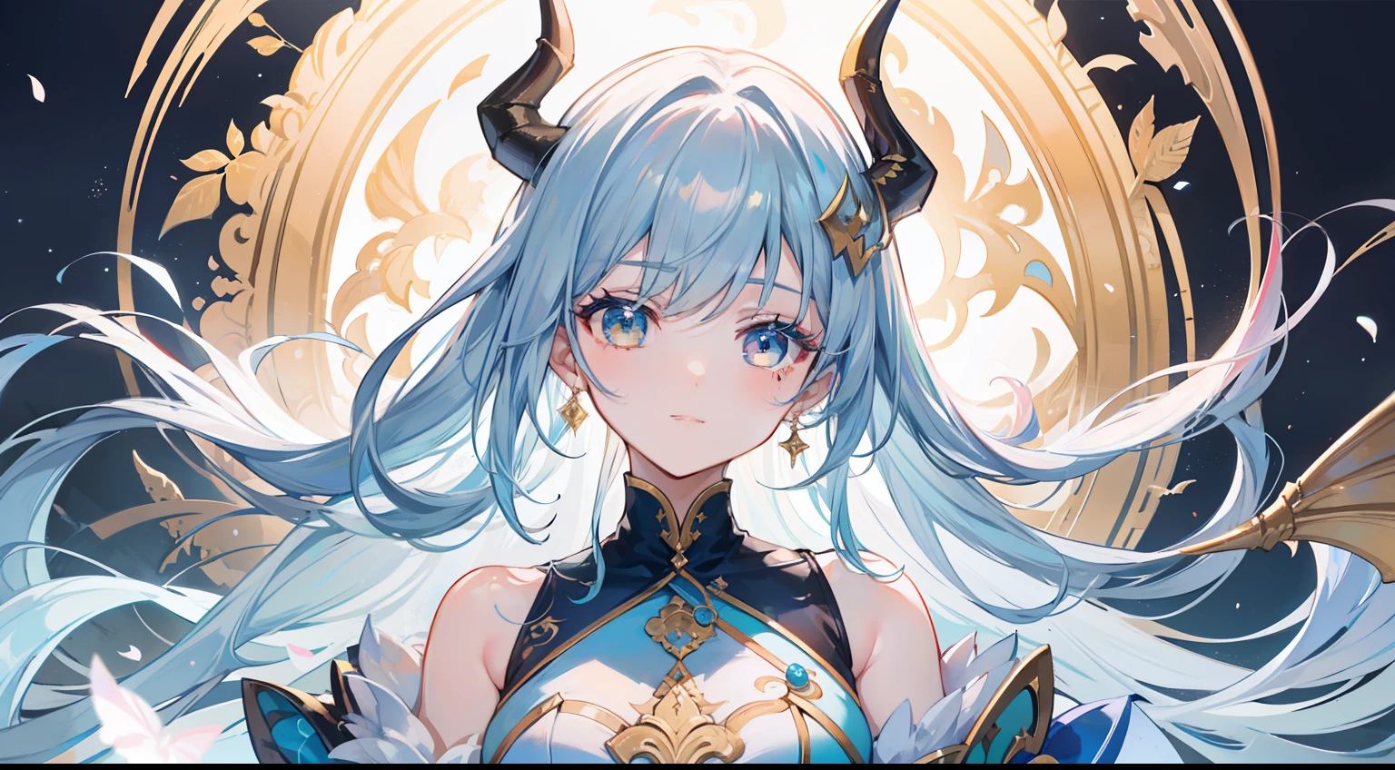 A beautiful portrait of the highest quality, masterpiece, exquisite CG, light blue long-haired girl, in the sea, delicate and intricate hair ornaments, dragon horns, upper body and lower body dragon tail, golden eyes and long eyelashes, floating hair, highlight, bubbles, beautiful, charming, perfect, ultra-clear, HD