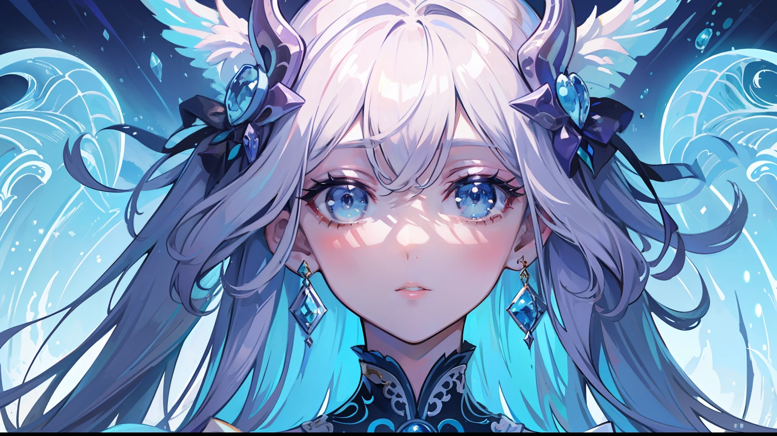 A beautiful portrait of the highest quality, masterpiece, exquisite CG, light blue long-haired girl, in the sea, delicate and intricate hair ornaments, dragon horns, upper body and lower body dragon tail, golden eyes and long eyelashes, floating hair, highlight, bubbles, beautiful, charming, perfect, ultra-clear, HD