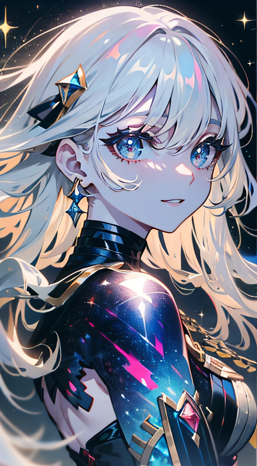 (Simple hand: 0.5) + (Detailed hand: 0.7), (Masterpiece), (Best quality), White hair, red eyes, 1 girl, pale skin, white hair, red eyes, bicolor hair, eyelashes, bracelets, jewelry, smile, sparkling skin, shiny hair, detailed and majestic stage, fantasy, long hair, 1 girl, bicolor hair, night sky, incredibly detailed CG illustration masterpiece looking at you, anime, beautiful anime eyes, beautiful detailed eyes, eyes, sparkling eyes, blue eyes, galaxy, nebula, (whole body), (curve),