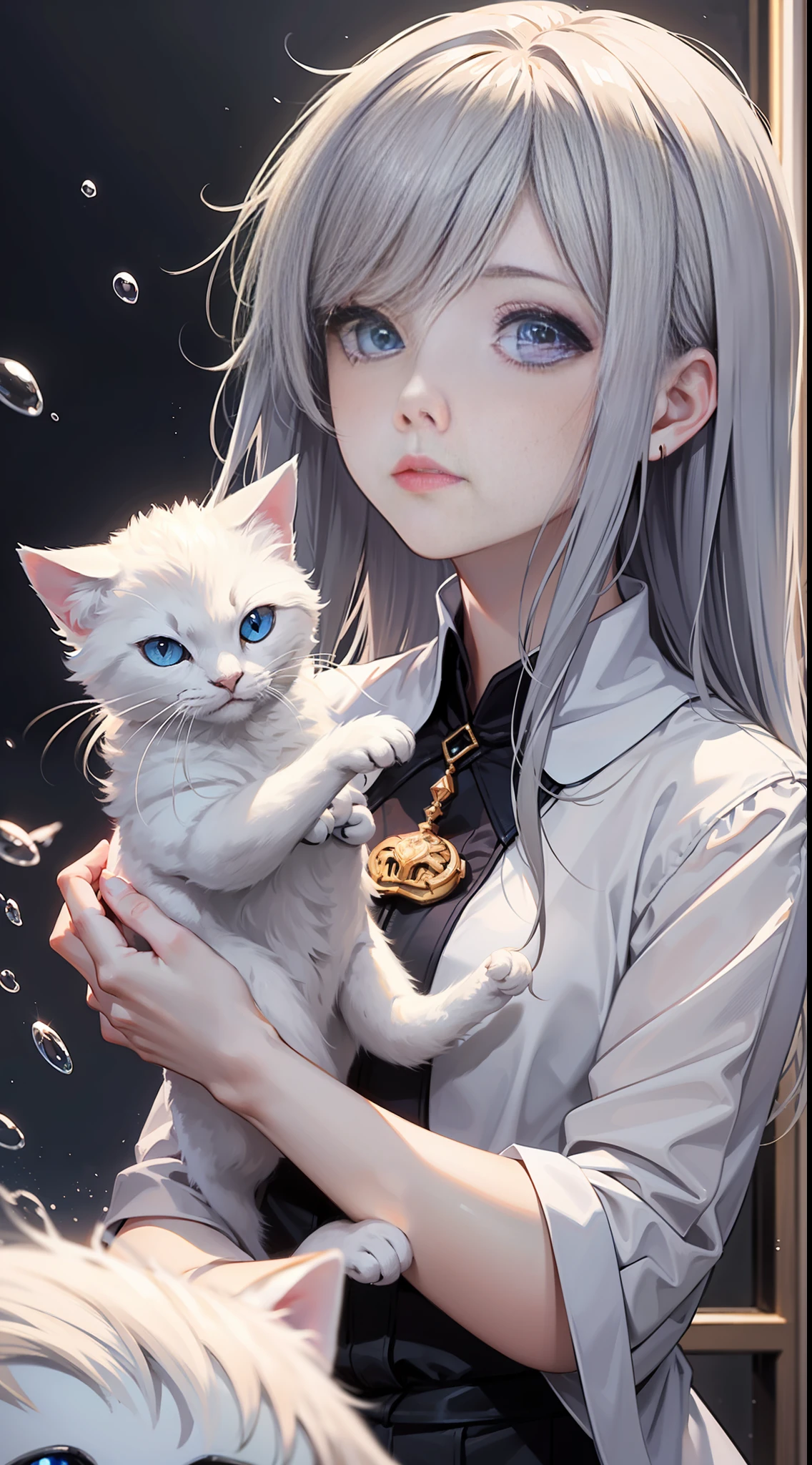 A representative photo of a Russian girl, ethereal beauty, dreamy, (delicate face: 1.2), gray hair, purple eyes, (crossed bangs: 1.1), (blooming eyes: 1.2). Deep sea, floating foam, melancholy expression, drooping eyelids, right light, holding a small white cat in his arms,