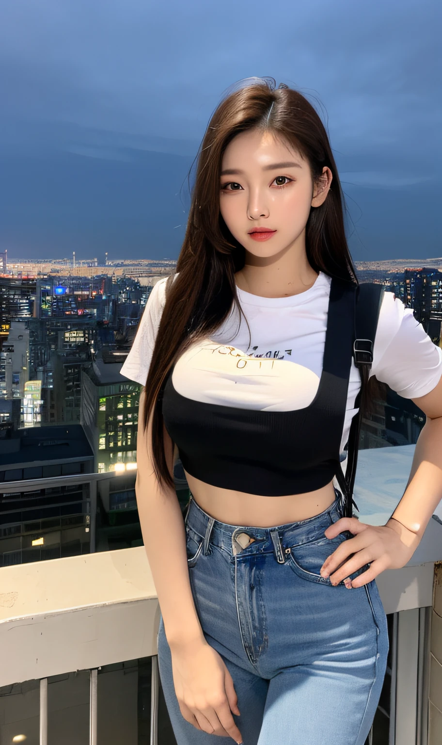 ((Midnight, Best quality, 8k, Masterpiece :1.3)), Whole body, Long legs, Sharp focus :1.2, A pretty woman with perfect figure :1.4, Slender abs :1.1, ((Dark brown hair, Big breasts :1.2)), (White tight tshirt, Jean bib, Standing:1.2), ((Night city view, Rooftop:1.3)), Highly detailed face and skin texture, Detailed eyes, Double eyelid