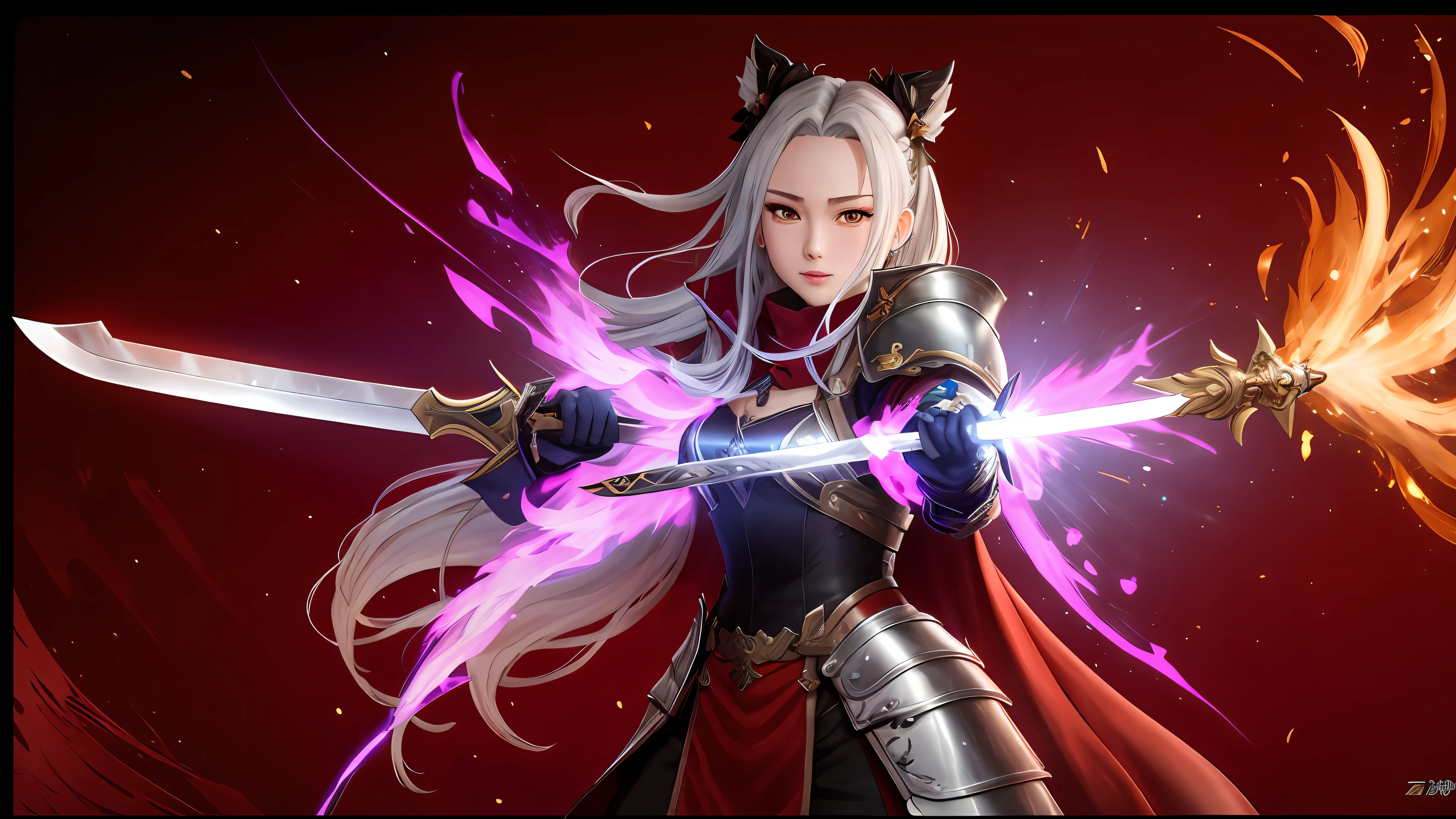 a close up of a person in a costume with a sword, ayaka genshin impact, ayaka game genshin impact, keqing from genshin impact, sharp silver armor fuchsia skin, genshin impact character, edelgard fire emblem, zhongli from genshin impact, from the azur lane videogame, silver armor and red clothing