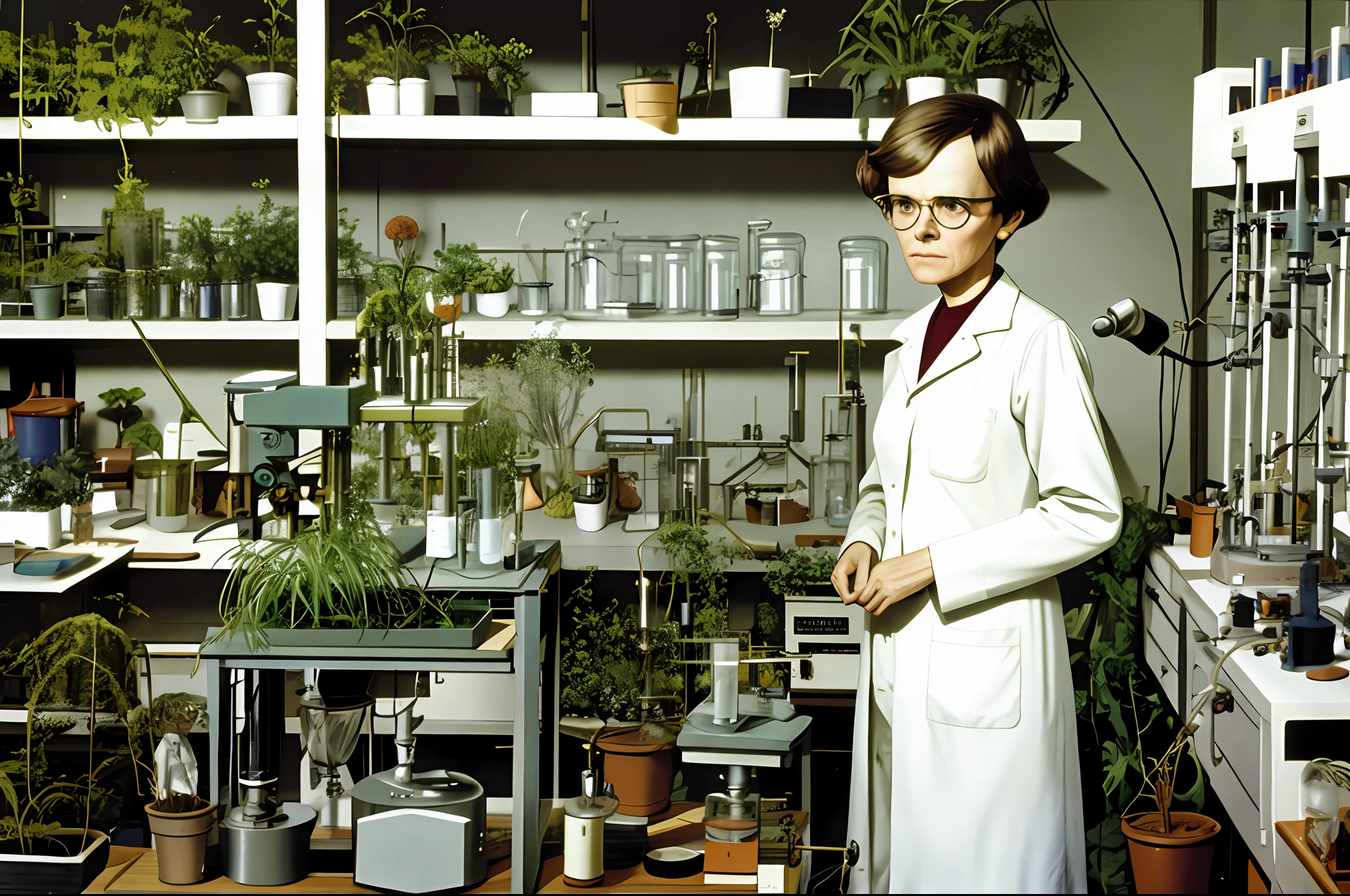 A photo of Barbara McClintock standing in her laboratory. She is surrounded by plants and microscopes, and she looks determined and focused.