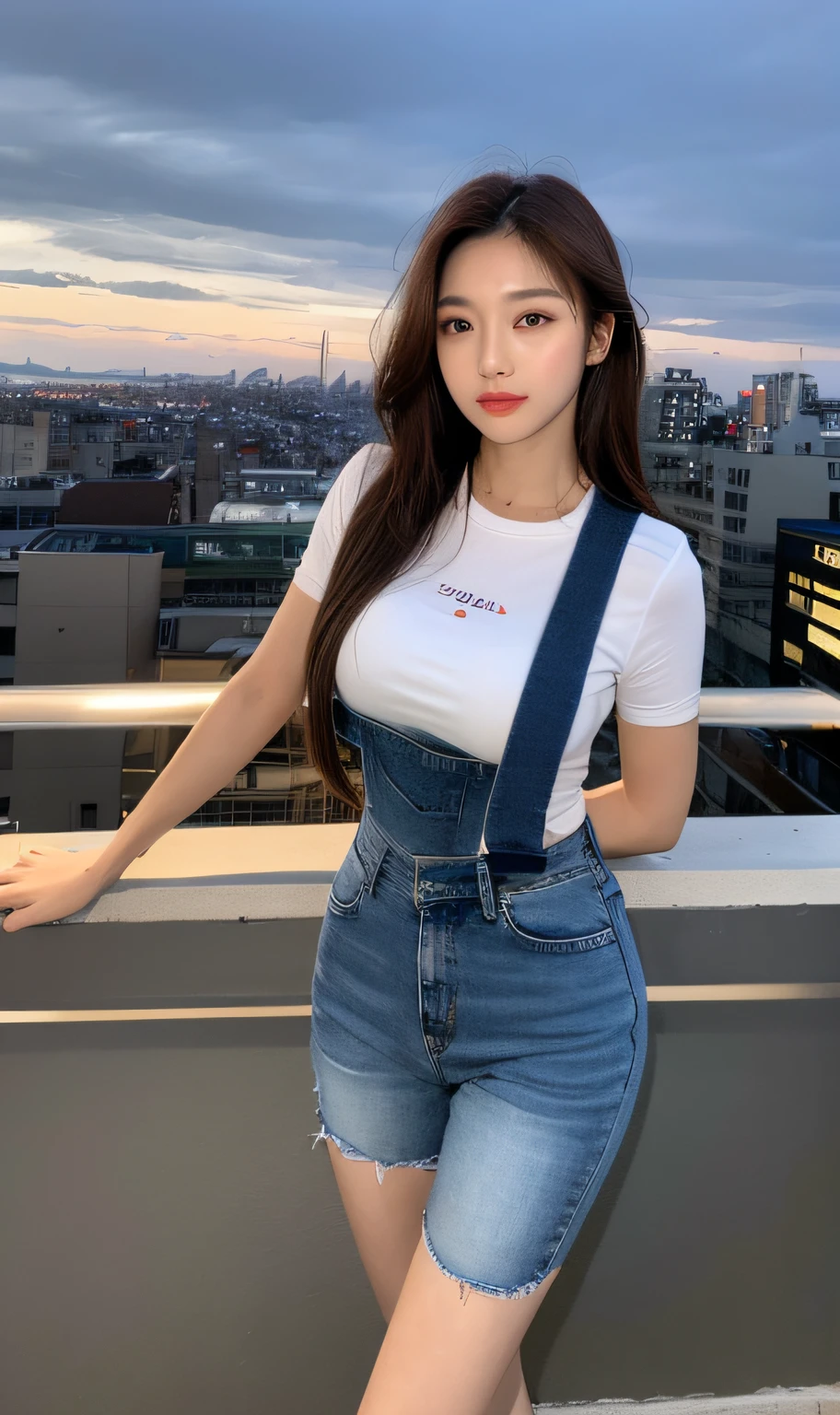 ((Midnight, Best quality, 8k, Masterpiece :1.3)), Whole body, Long legs, Sharp focus :1.2, A pretty woman with perfect figure :1.4, Slender abs :1.1, ((Dark brown hair, Big breasts :1.2)), (White tight tshirt, Jean bib, Standing:1.2), ((Night city view, Rooftop:1.3)), Highly detailed face and skin texture, Detailed eyes, Double eyelid